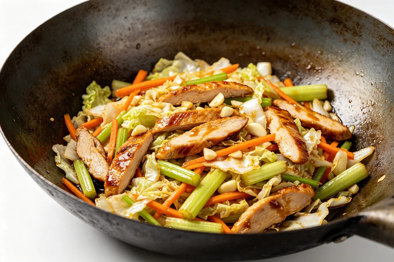 Thinly sliced chicken thigh pieces with julienned carrot, wilted cabbage, celery and garlic in a carbon steel wok with light soy gloss on white surface