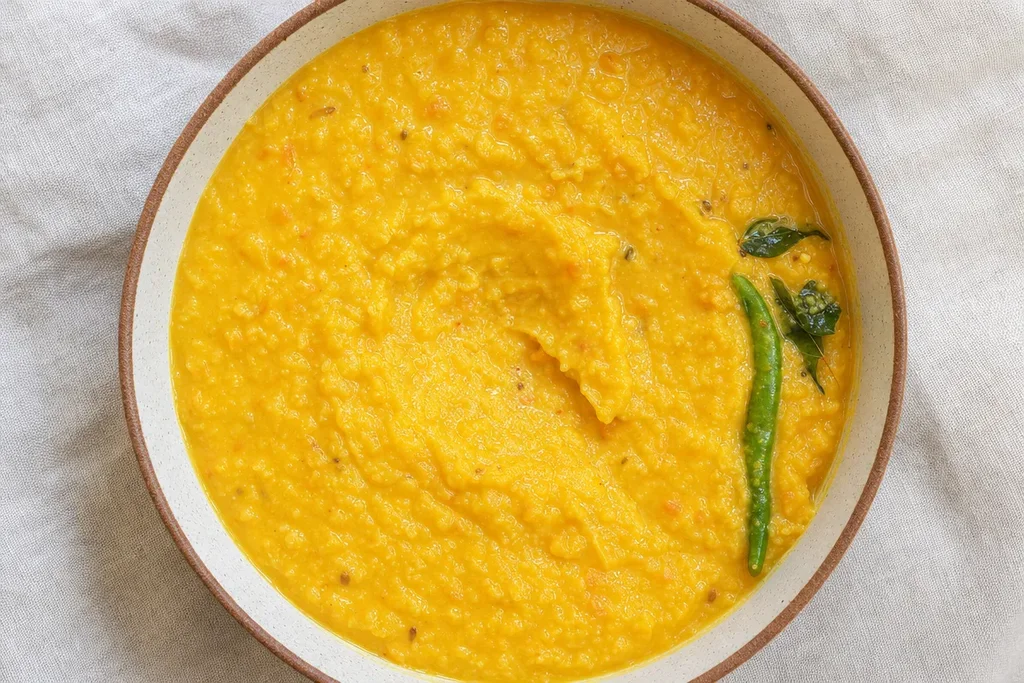 Overhead close-up of cooked Sri Lankan parippu lentils in a ceramic bowl showing thick turmeric-orange consistency with coconut milk stirred through and curry leaves visible