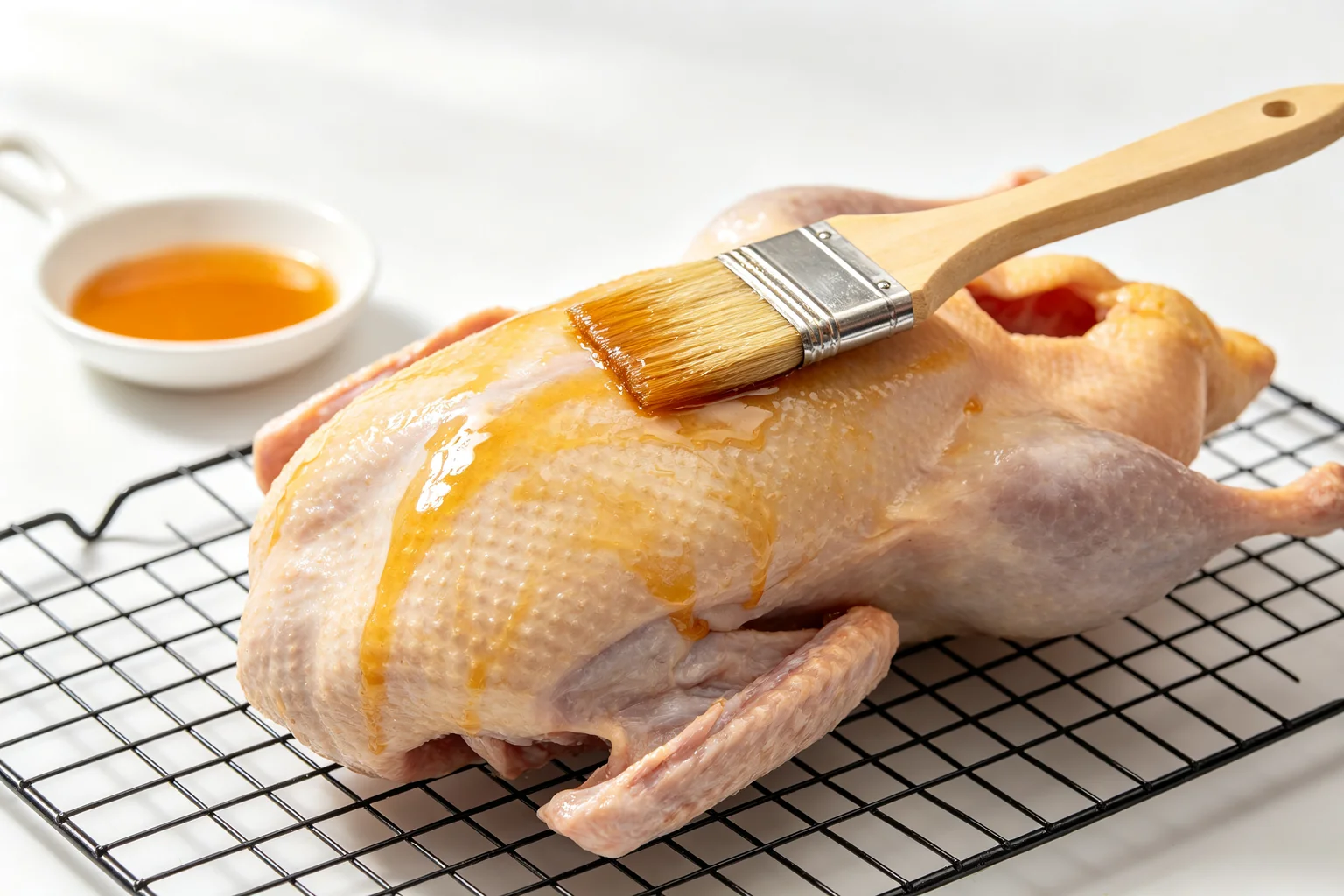 Whole raw duck on a wire rack with amber maltose glaze being applied by a pastry brush coating the skin on white surface