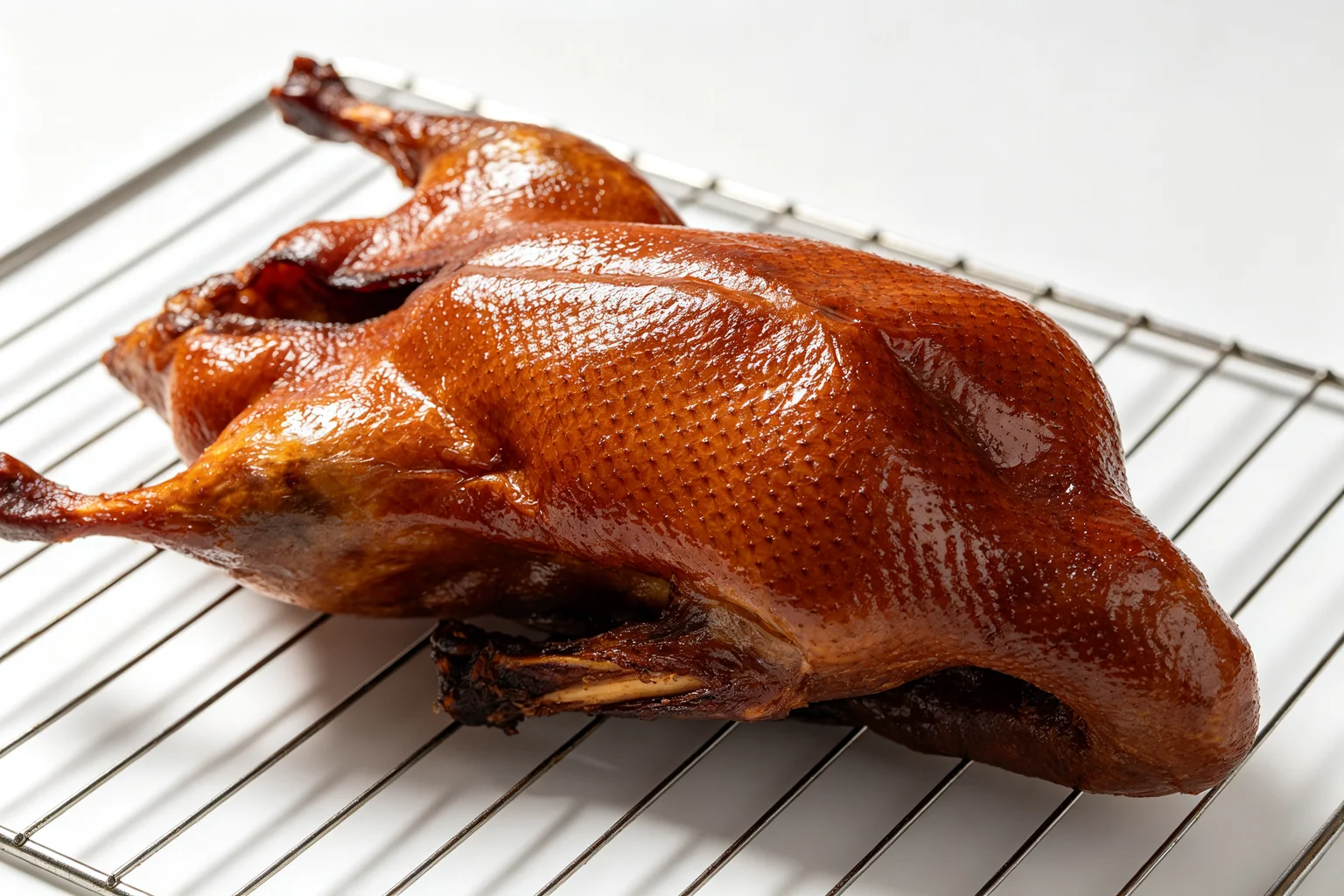 Whole glazed duck on a wire rack after refrigerator drying showing deep amber dry taut skin completely set and ready to roast on white surface