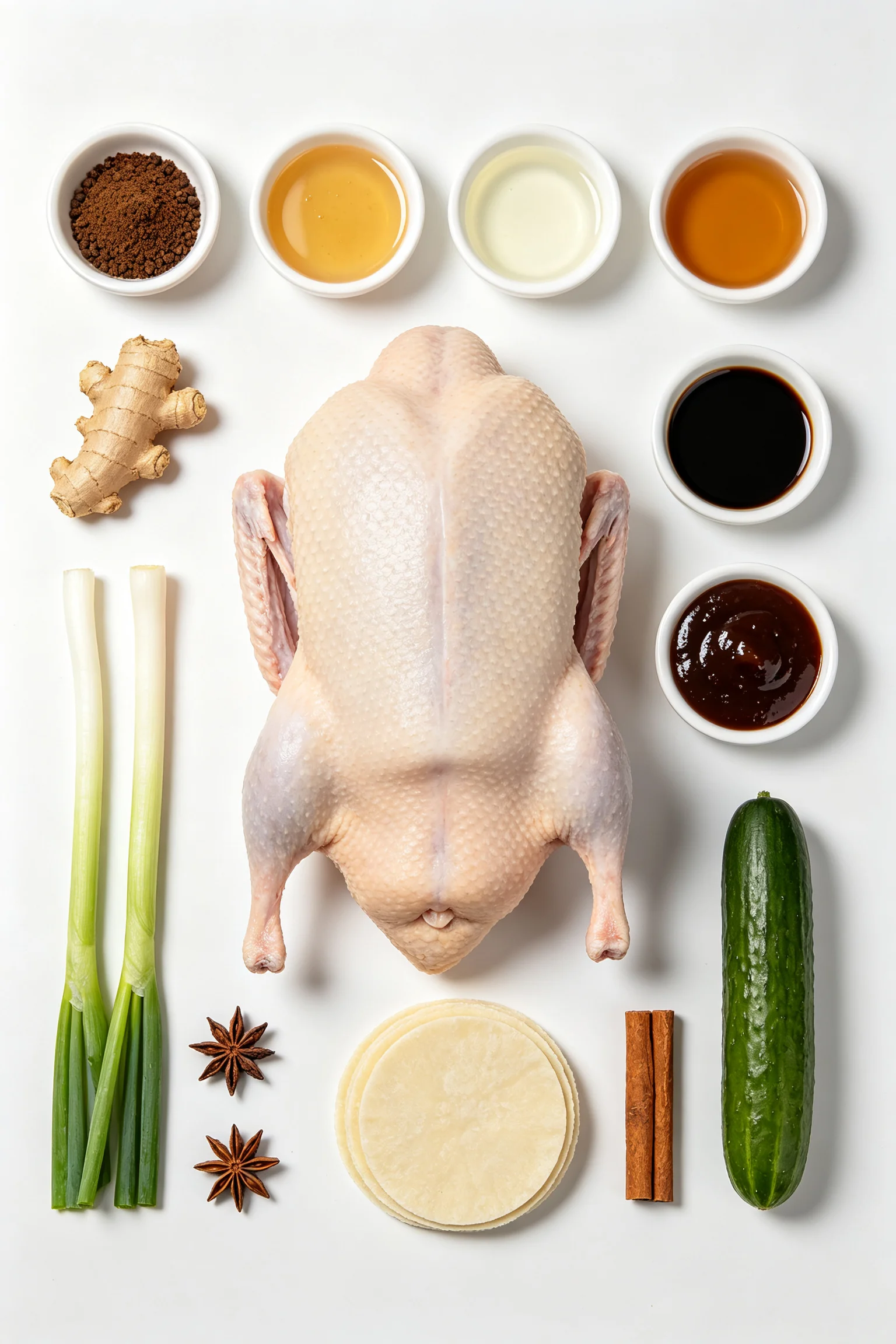 Overhead flat lay of Peking duck ingredients on white surface including whole raw duck five-spice maltose rice vinegar soy sauce hoisin sauce ginger spring onions star anise cinnamon mandarin pancakes and cucumber