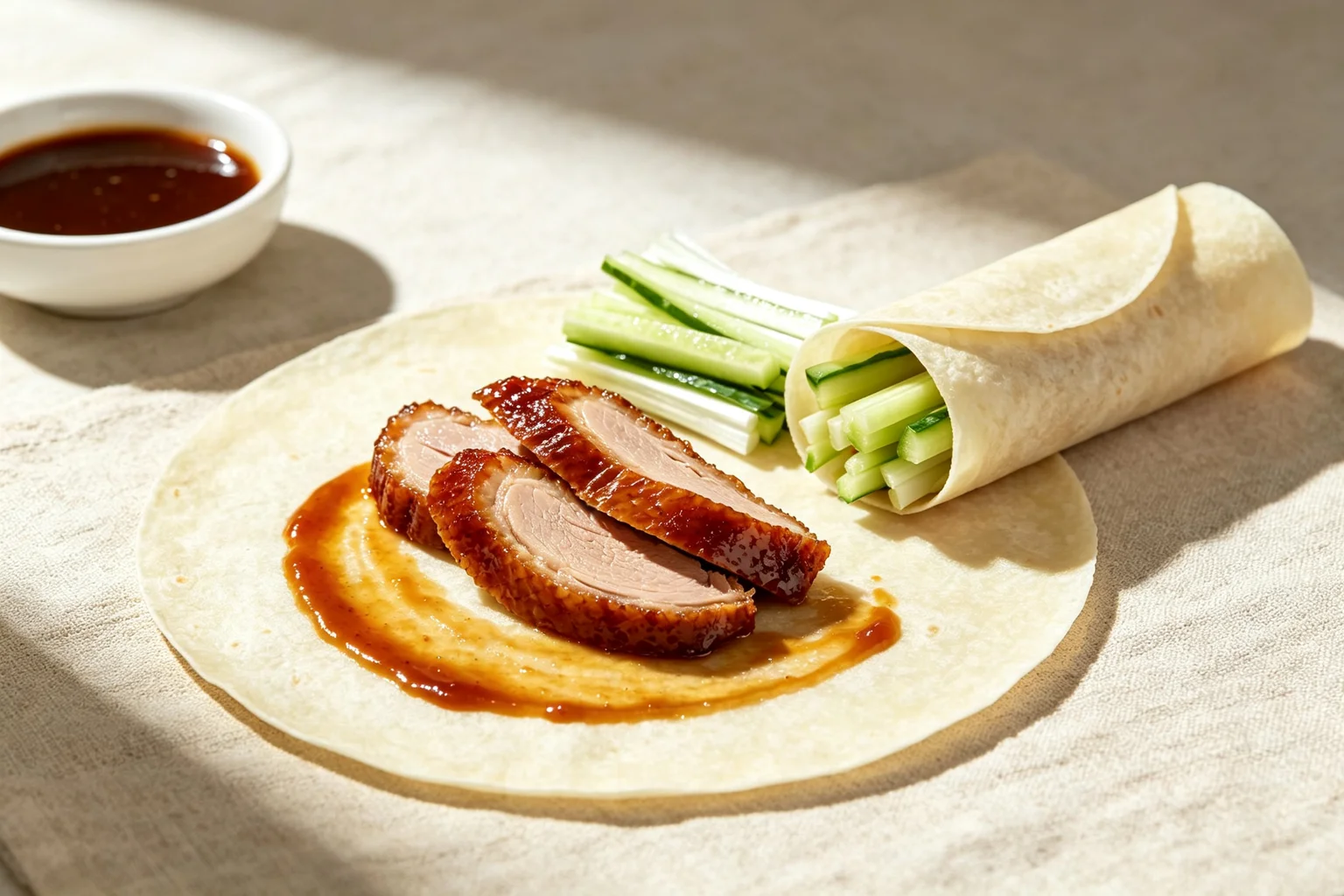 Open mandarin pancake with hoisin sauce Peking duck slices julienned cucumber and spring onion beside a rolled pancake and hoisin dipping sauce on linen surface