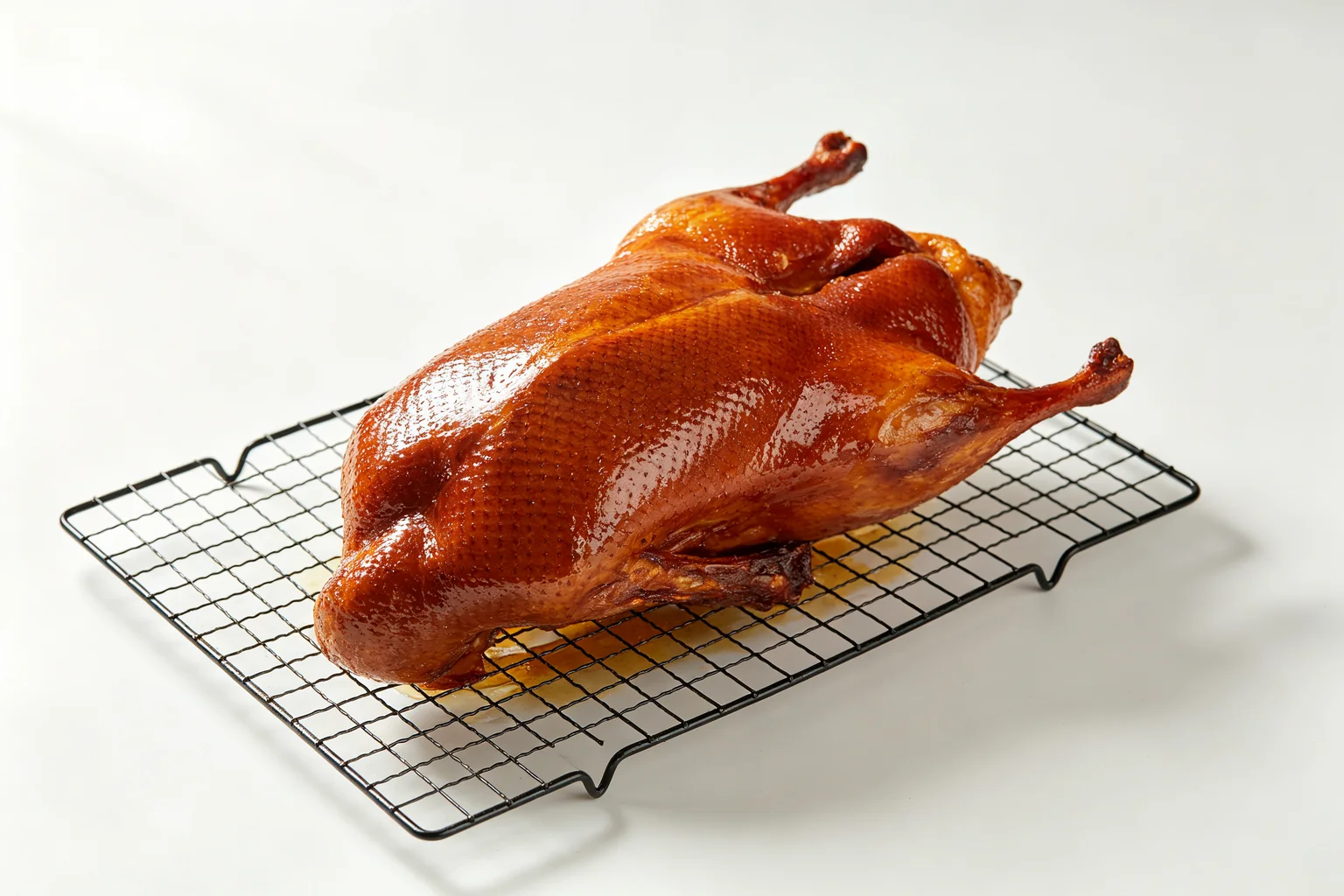 Whole roasted Peking duck on a wire rack with deep mahogany lacquered crispy skin just out of the oven on white surface