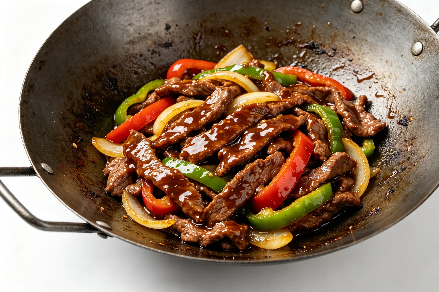 Finished pepper steak stir fry in a carbon steel wok — tender beef strips and bell peppers coated in glossy soy-oyster sauce
