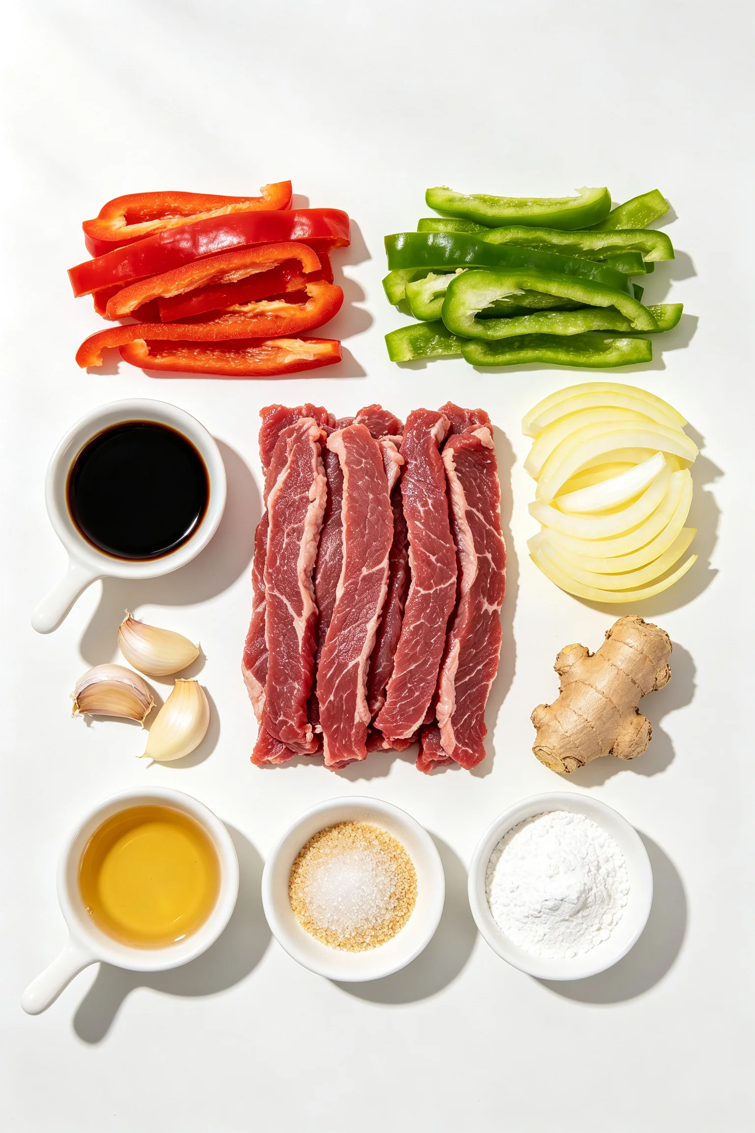 Pepper steak stir fry ingredients flat lay including raw flank steak strips, red and green bell peppers, onion, garlic, ginger, soy sauce, sesame oil, and cornstarch on white surface