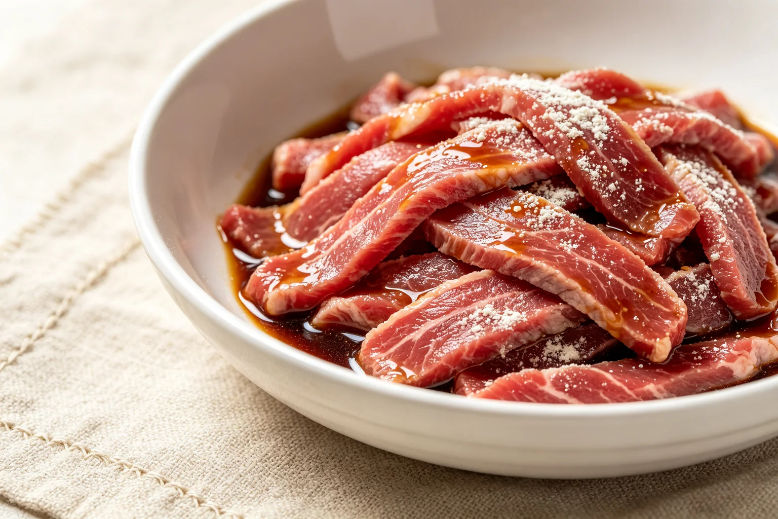 Thinly sliced raw flank steak marinating in soy sauce with cornstarch powder dusted on top — velveting technique for tender pepper steak stir fry