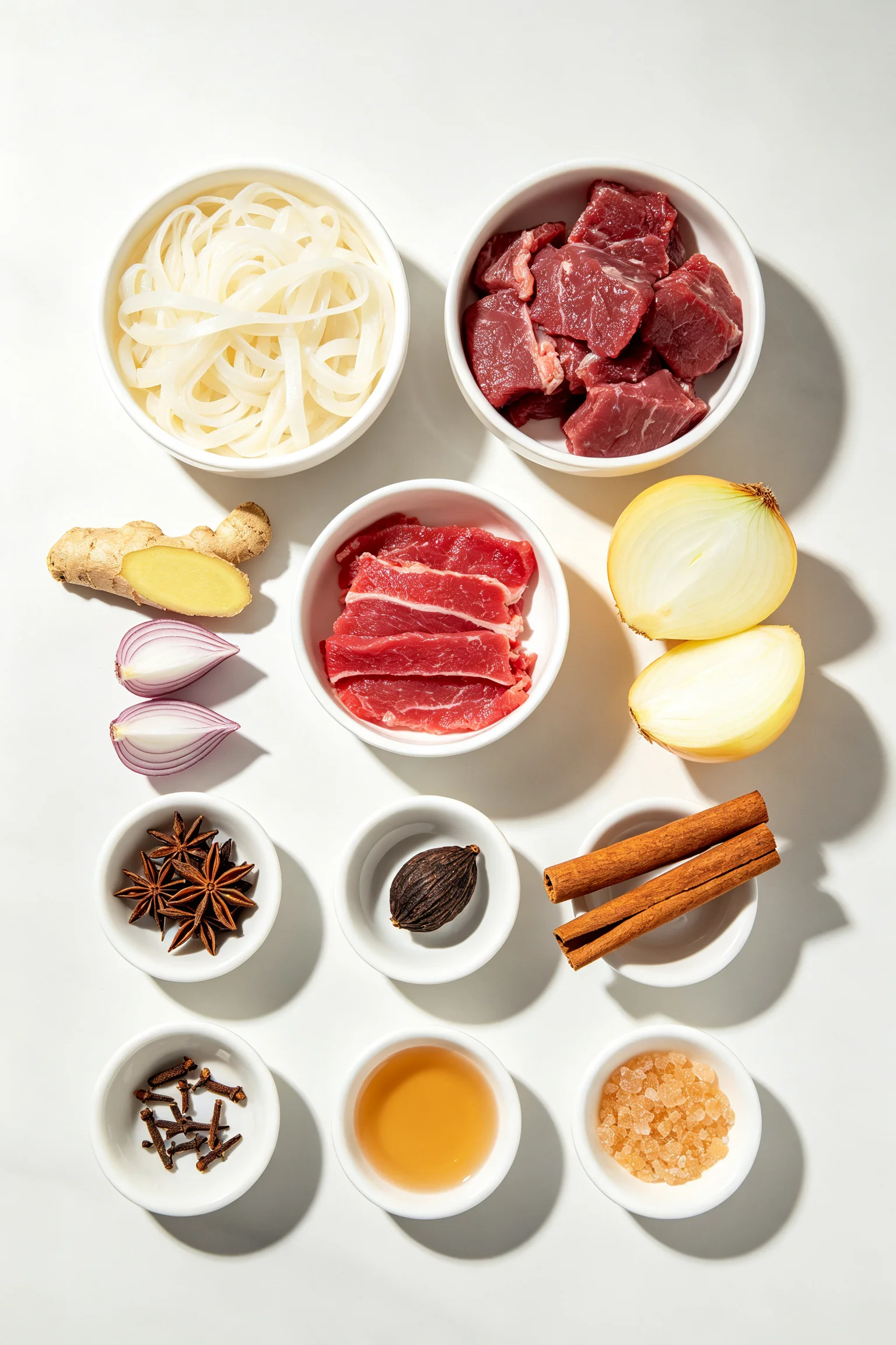  Overhead flat lay of Vietnamese pho bo ingredients on white surface including rice noodles beef brisket sirloin onion ginger shallots star anise cinnamon black cardamom cloves fish sauce and rock sugar Placement