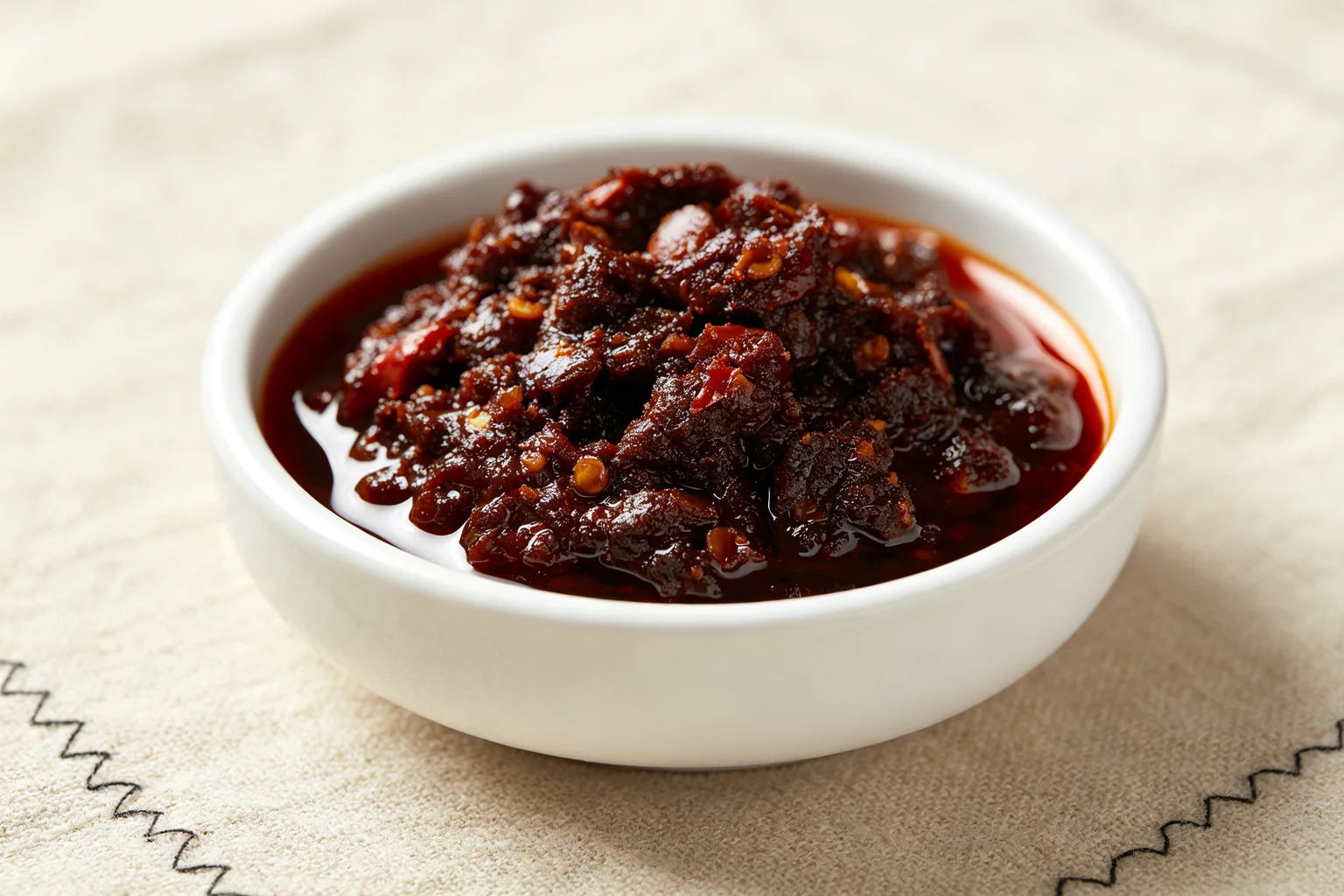 Close-up of Pixian doubanjiang fermented chilli bean paste in a white ceramic bowl — dark reddish-brown with visible fermented bean pieces and chilli flecks