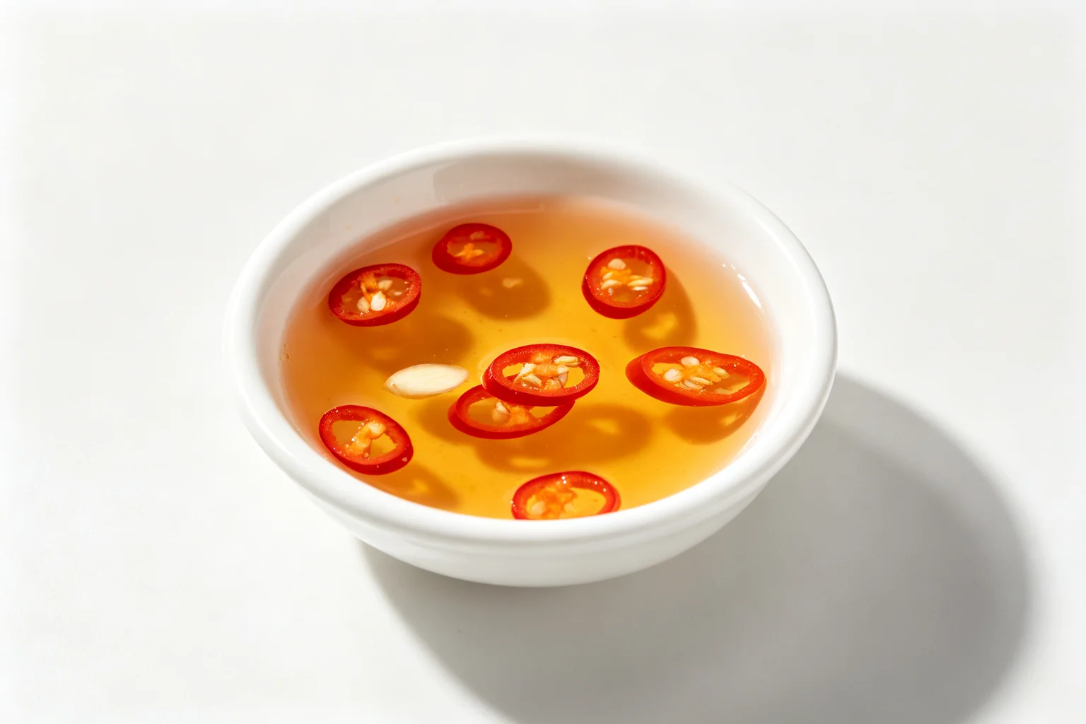 Small white ceramic bowl of prik nam pla — Thai chili fish sauce with sliced bird's eye chilies and lime juice