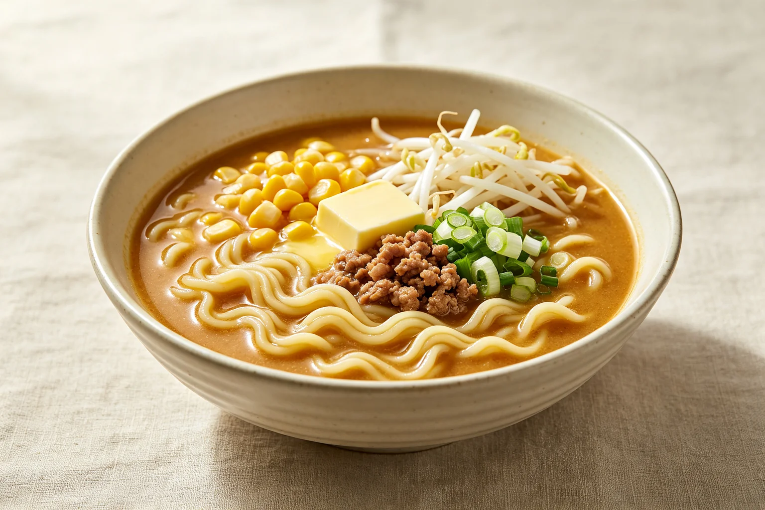  Bowl of Sapporo miso ramen with opaque golden broth, corn,  butter, bean sprouts, ground pork and wavy noodles on linen
