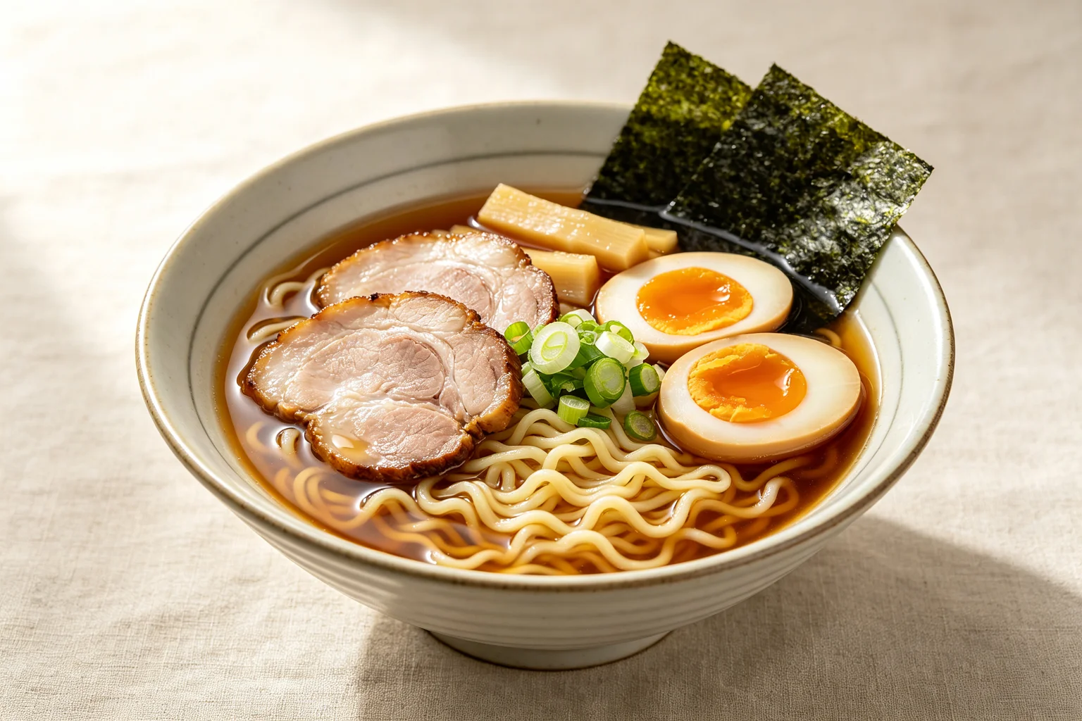  Bowl of shoyu ramen with clear amber-brown translucent broth,  wavy noodles, chashu pork, soft boiled egg and nori on linen