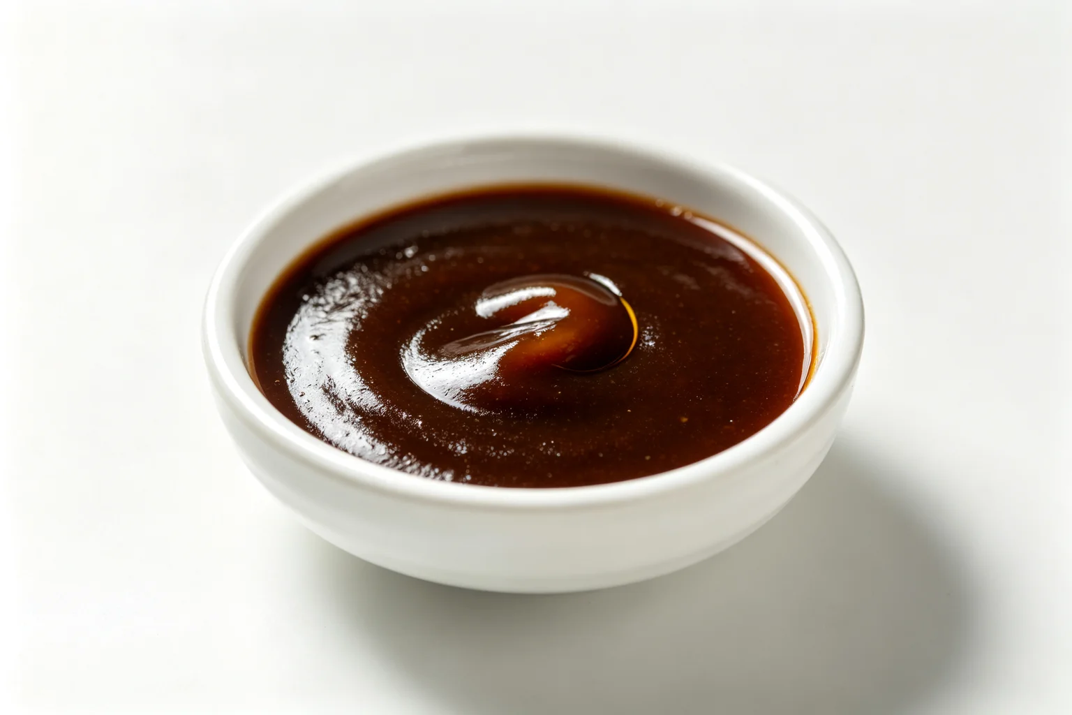 Homemade pepper steak stir fry sauce in a white ceramic bowl — glossy dark brown oyster and soy sauce mixture with sesame oil swirl