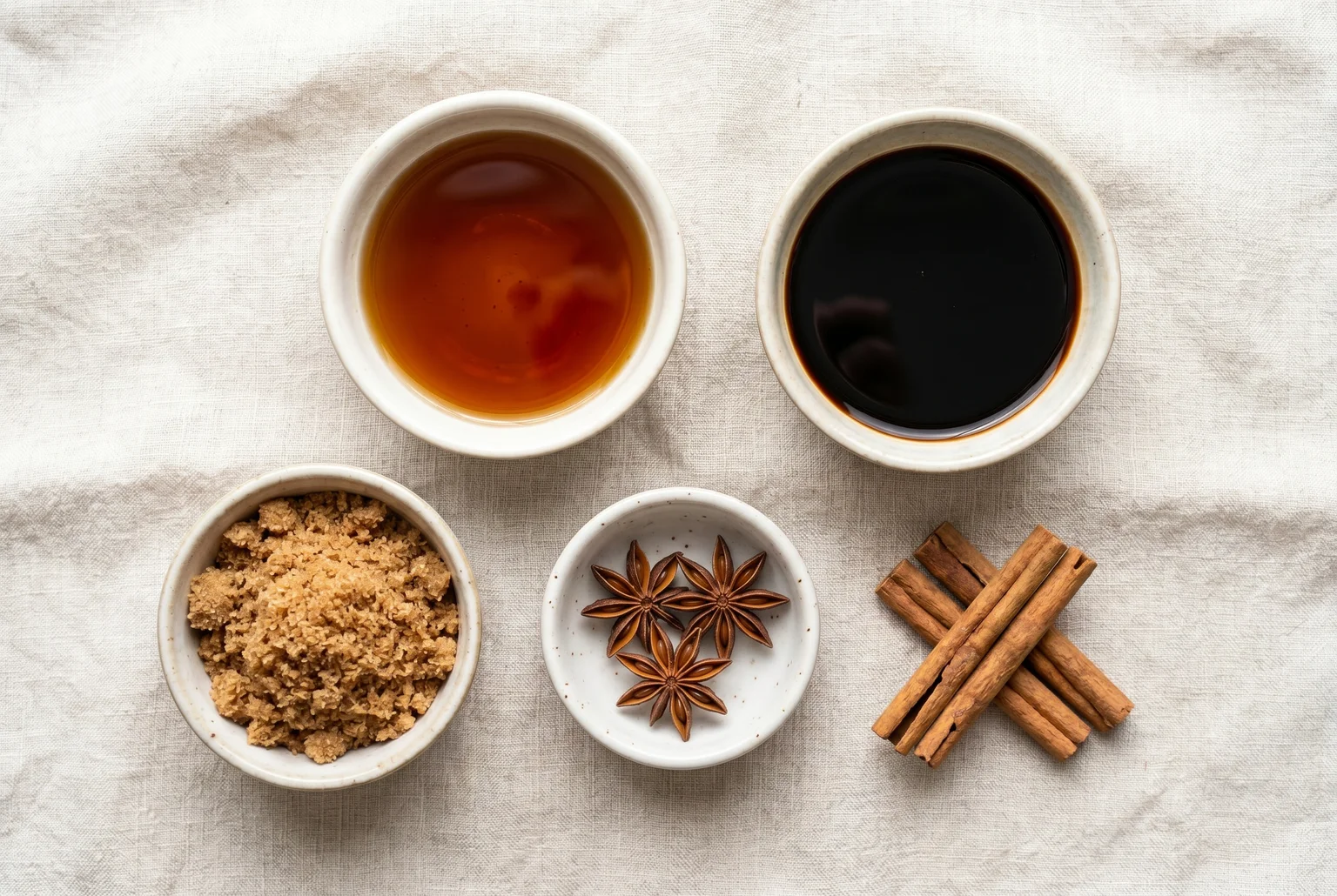 Chinese red braise components in ceramic bowls — Shaoxing wine, soy sauce, brown sugar, star anise and cinnamon on linen surface