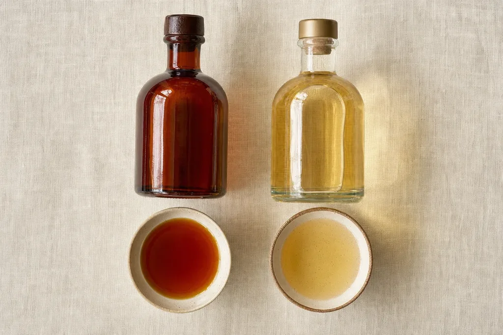 Two label-free bottles side by side — deep amber Shaoxing wine on the left and pale golden dry sherry on the right with ceramic bowls showing each liquid on linen surface