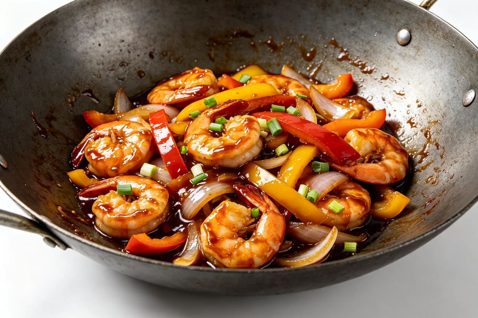 Finished shrimp and bell pepper stir fry in a seasoned carbon steel wok — golden-pink seared shrimp and colorful bell peppers coated in glossy soy-oyster sauce