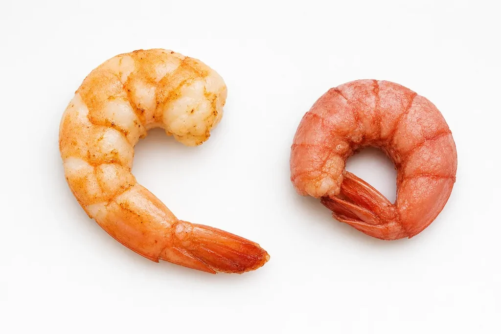 Side by side comparison of correctly cooked C-shape shrimp on the left versus overcooked O-shape shrimp on the right — visual guide to shrimp doneness