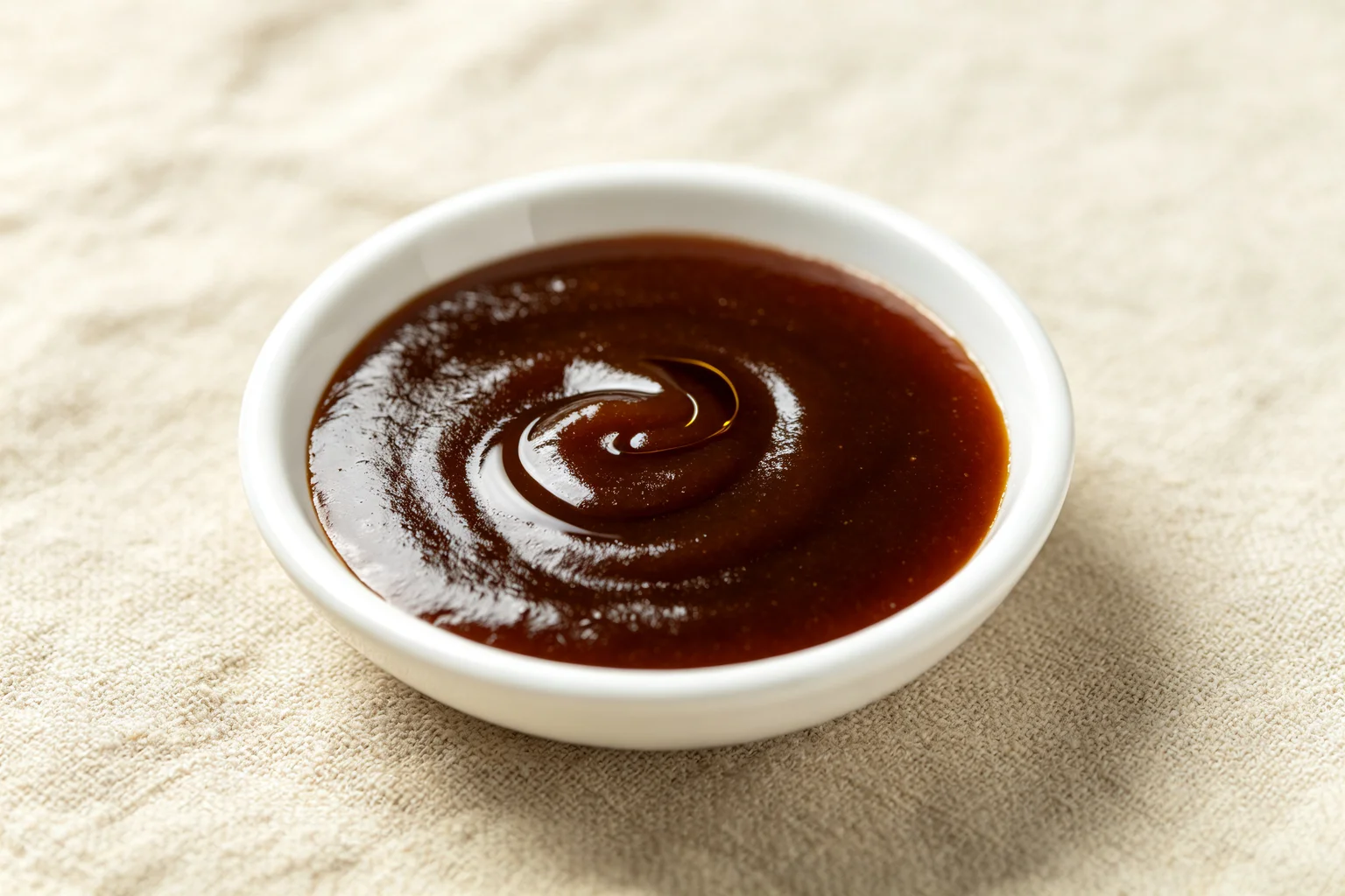 Homemade shrimp stir fry sauce in a white ceramic bowl — glossy dark brown oyster and soy sauce mixture with sesame oil swirl