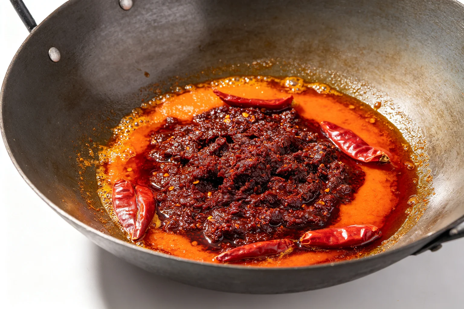 Dark red doubanjiang paste blooming in red-orange oil in a carbon steel wok with dried red chillies during the Sichuan chicken cooking process