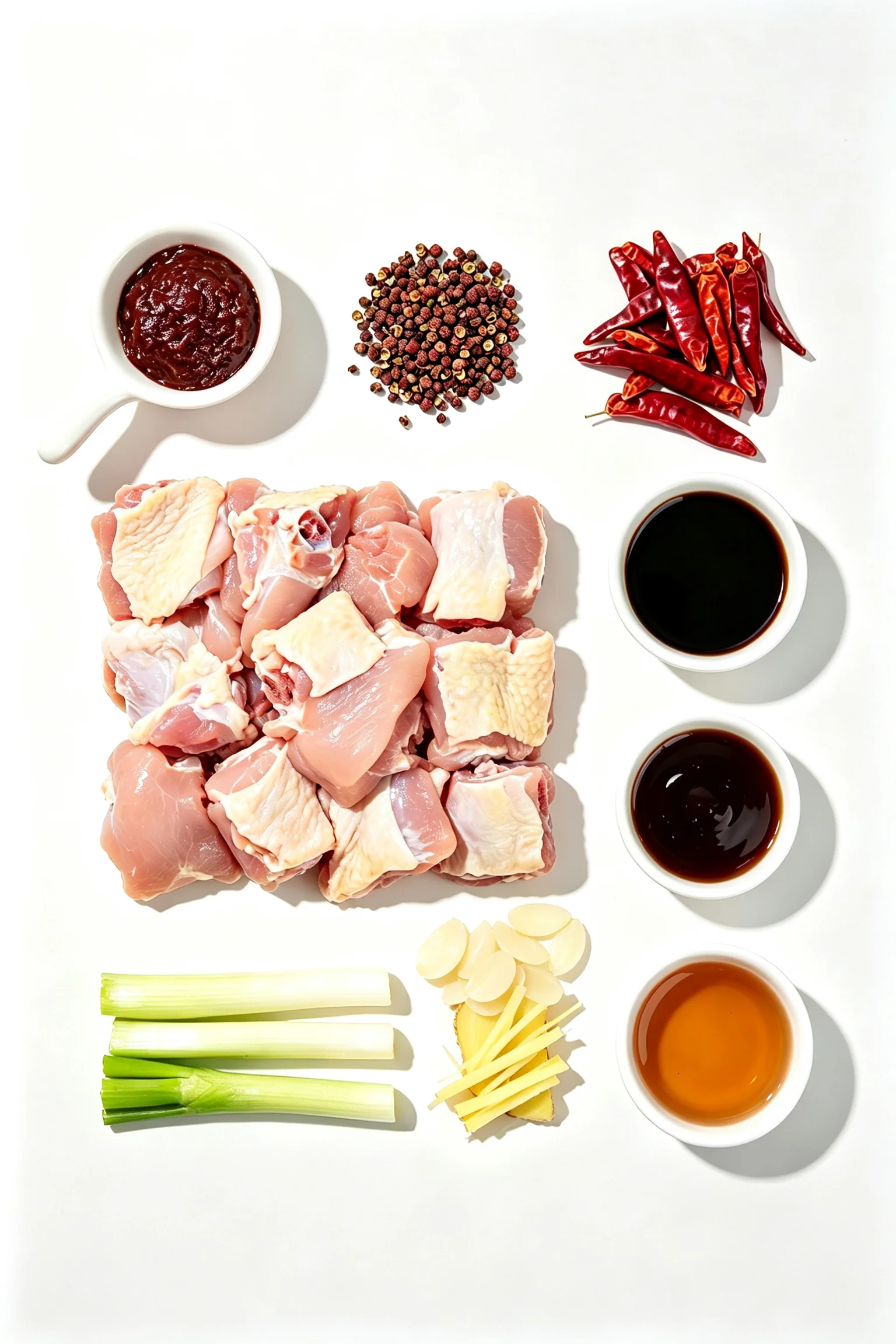 Overhead flat lay of Sichuan chicken ingredients on white surface including raw chicken thigh, doubanjiang, dried red chillies, Sichuan peppercorns, soy sauce, oyster sauce, garlic, ginger and spring onion