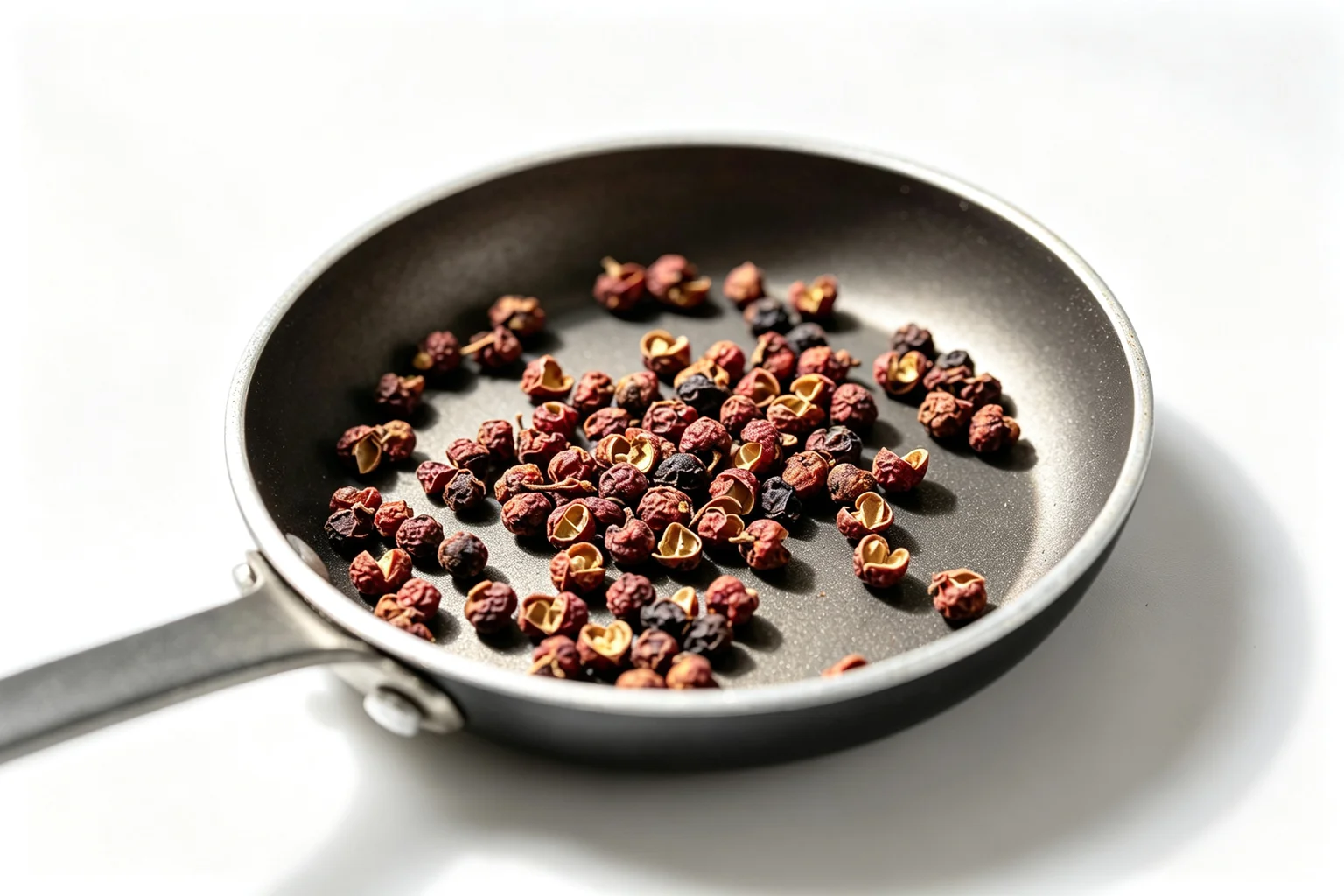 Sichuan peppercorns toasting in a dry pan showing the reddish-brown husks and texture before grinding
