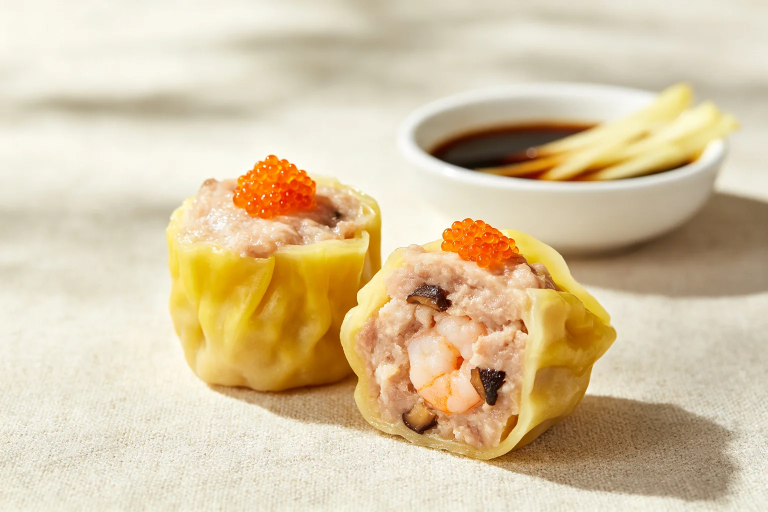 Close-up of two siu mai on linen surface one open showing cooked pork and shrimp filling with shiitake mushroom inside yellow wrapper beside dark dipping sauce with ginger