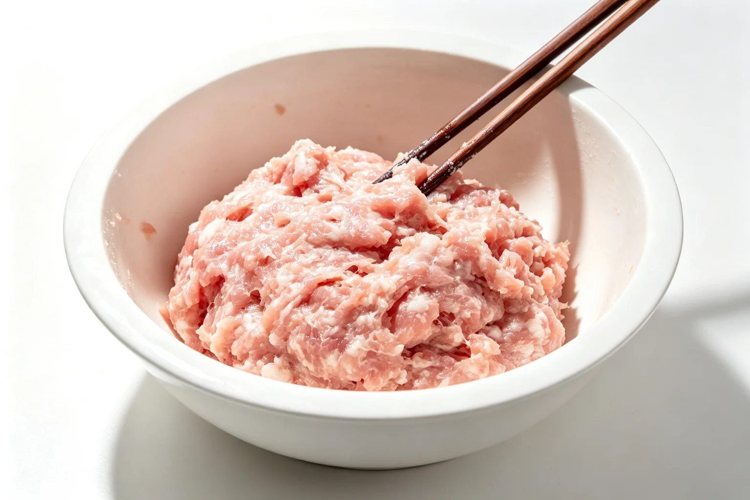  Raw pork siu mai filling in a white ceramic bowl glossy and cohesive with chopsticks resting in the bowl on white surface