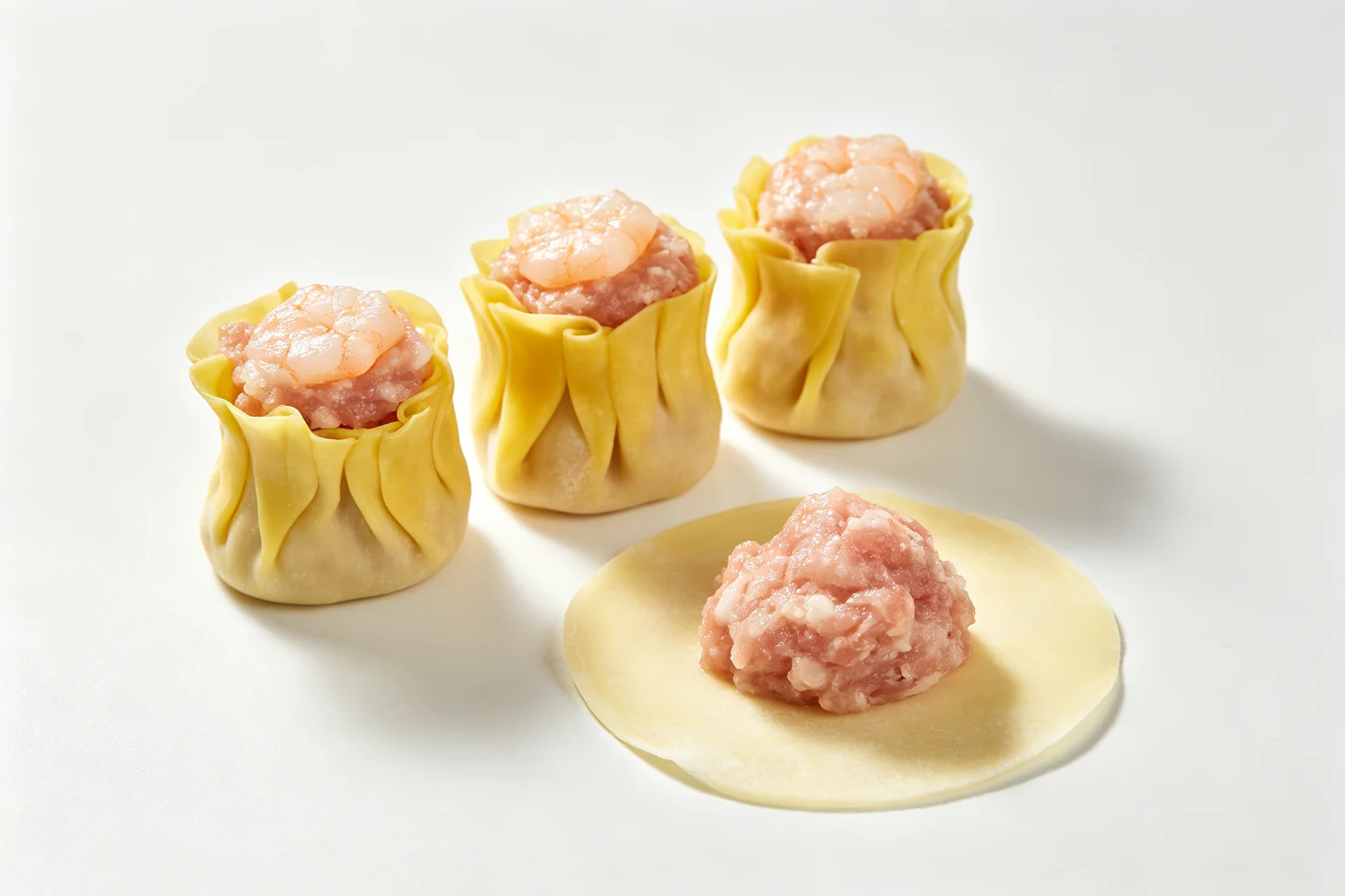 Three shaped uncooked siu mai dumplings with yellow wrappers standing upright beside a fourth wrapper with raw pork filling placed in the centre mid-assembly on white surface