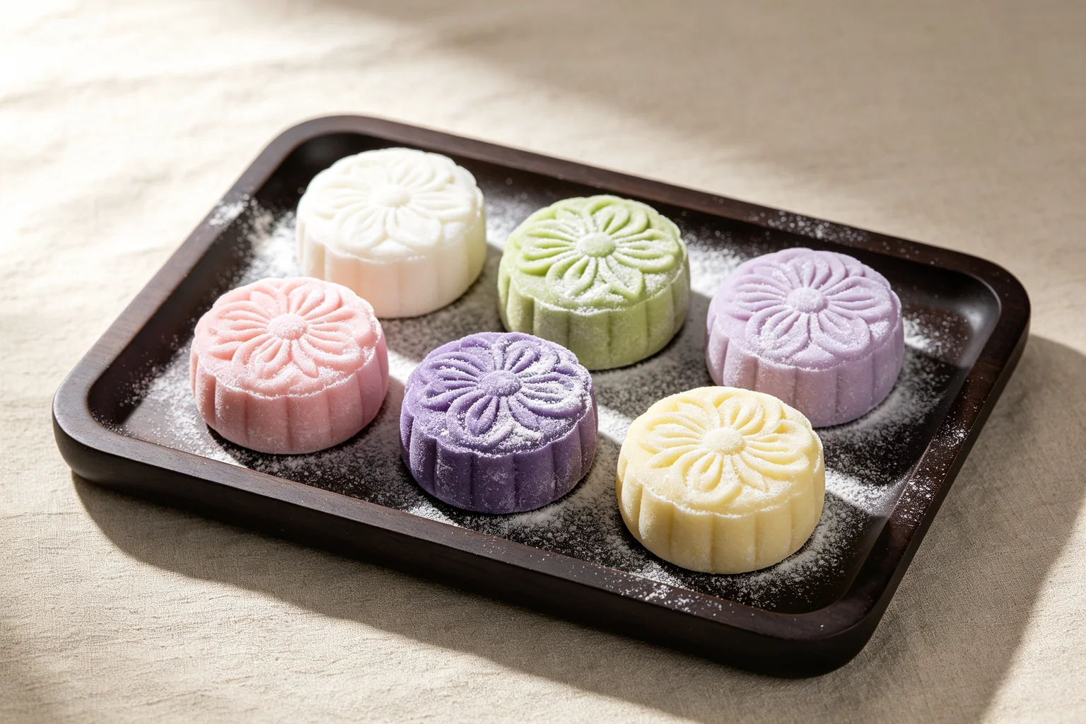 Six snow skin mooncakes in pastel colour variations including white, matcha green, strawberry pink, butterfly pea purple and pandan yellow arranged in two rows on linen