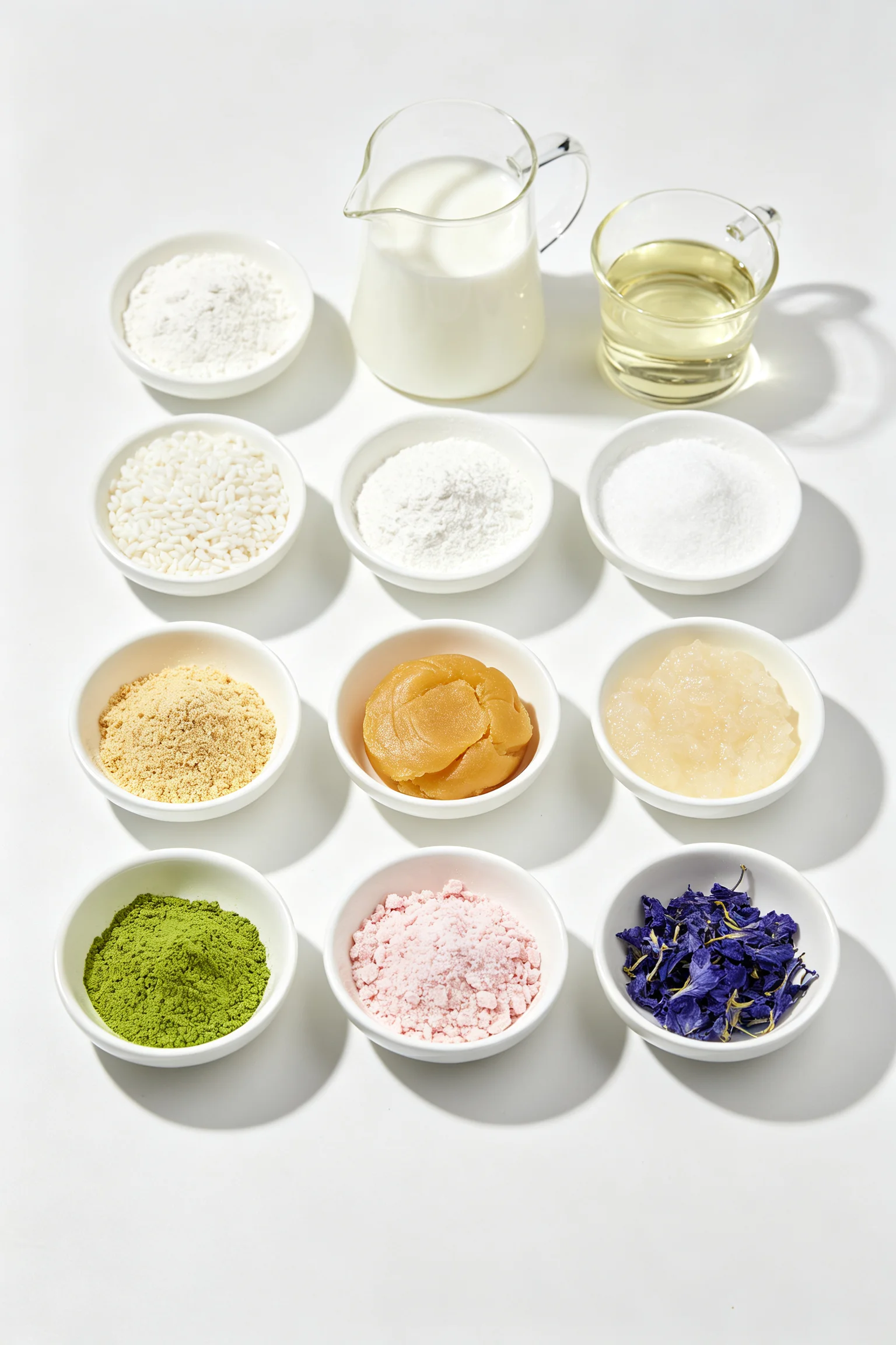 Snow skin mooncake ingredients flat lay showing glutinous rice flour, rice flour, wheat starch, sugar, milk, oil, lotus paste, gao fen and coloured powders on white surface