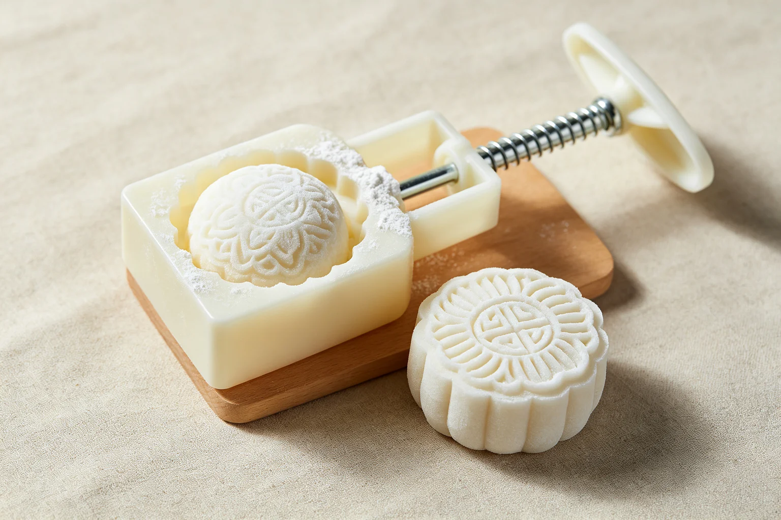 Plastic push-button mooncake mould with snow skin dough ball inside beside a finished moulded mooncake showing pressed floral pattern on linen