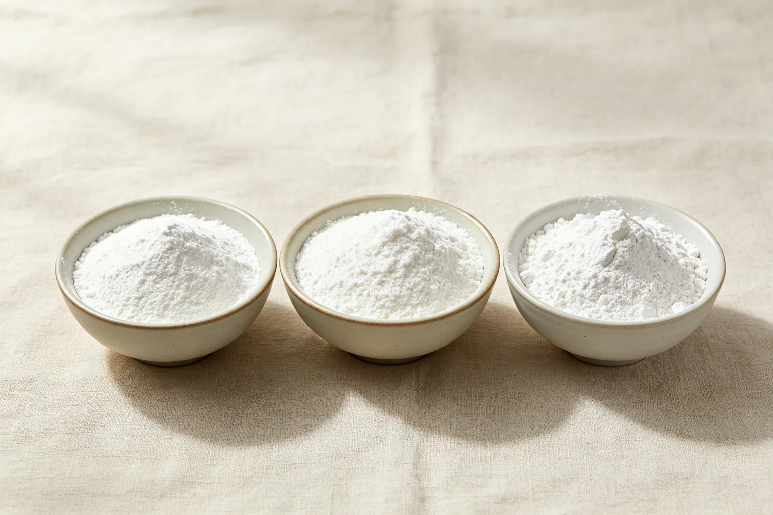 Three bowls of glutinous rice flour, rice flour and wheat starch showing the three different flour components of snow skin mooncake dough on linen