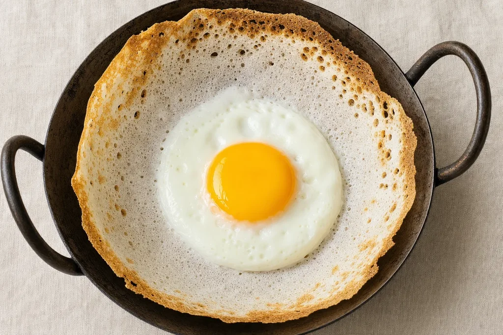Freshly cooked Sri Lankan egg hopper in an appachatti pan with set white and runny golden yolk in the centre