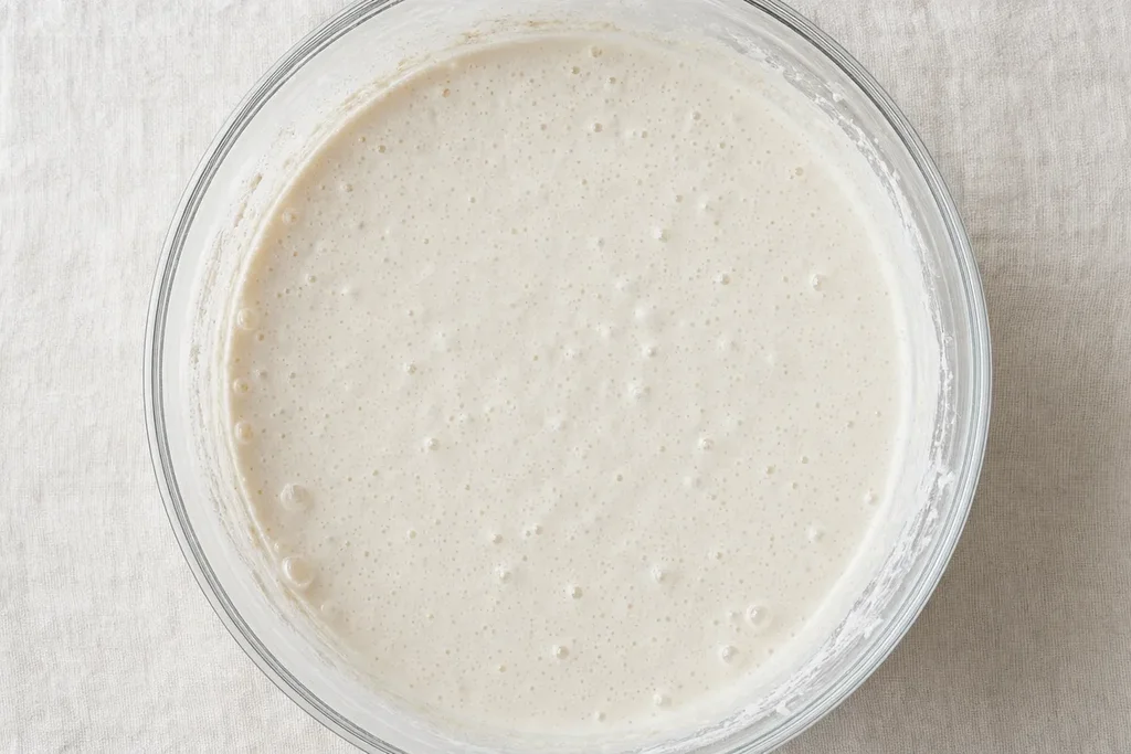 Fermented hopper batter in a mixing bowl showing small bubbles across the surface after overnight fermentation