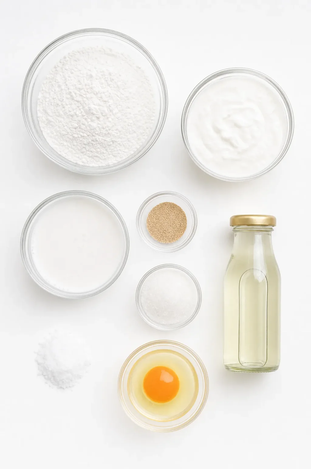 Sri Lankan hopper ingredients laid out flat — rice flour, coconut milk, yeast, sugar, salt, egg, and coconut oil on a white surface