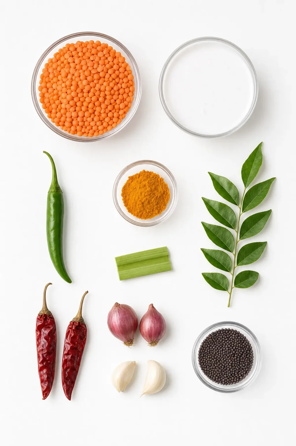 Portrait overhead flat lay of Sri Lankan parippu ingredients on a white surface including red masoor dal lentils, coconut milk, turmeric, green chilli, curry leaves, pandan leaf, dried red chilli, shallots, garlic, and mustard seeds