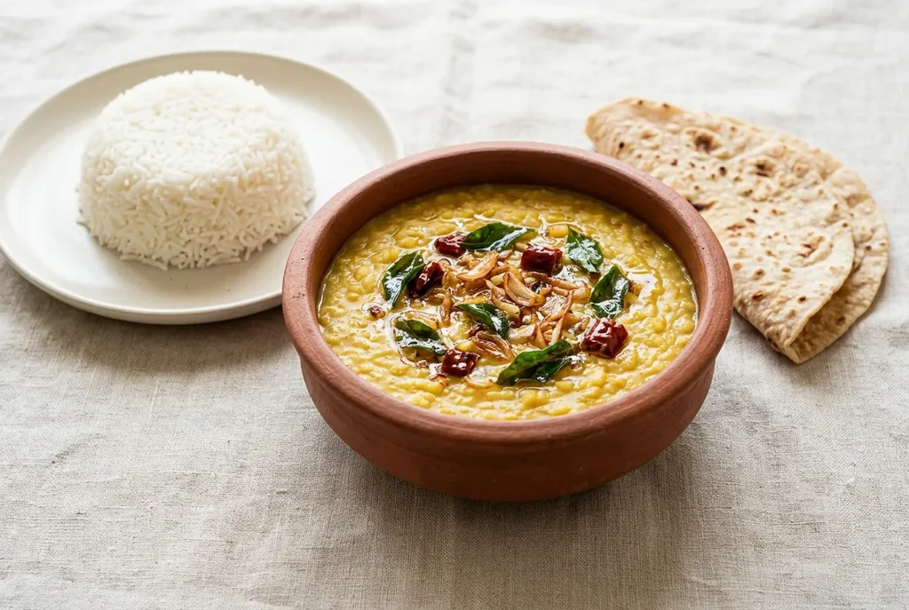 45° angle shot of Sri Lankan parippu dhal curry in a terracotta bowl served alongside white rice and roti on a linen surface showing traditional home meal presentation