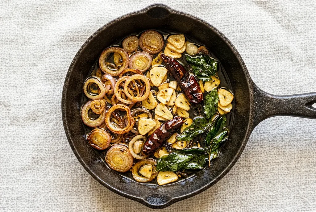 Overhead close-up of Sri Lankan parippu tempering in a small pan showing golden fried shallots, crisp curry leaves, darkened dried red chilli, and black mustard seeds in coconut oil