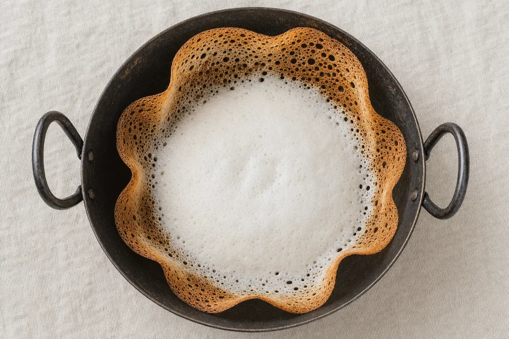 Freshly cooked plain Sri Lankan hopper in an appachatti pan showing crispy golden edges and soft white centre