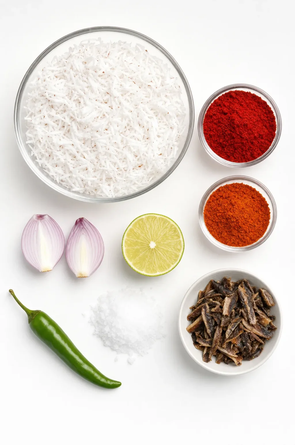 Sri Lankan pol sambol ingredients laid flat — fresh coconut, Kashmiri chilli powder, shallots, lime, salt and green chilli on white surface