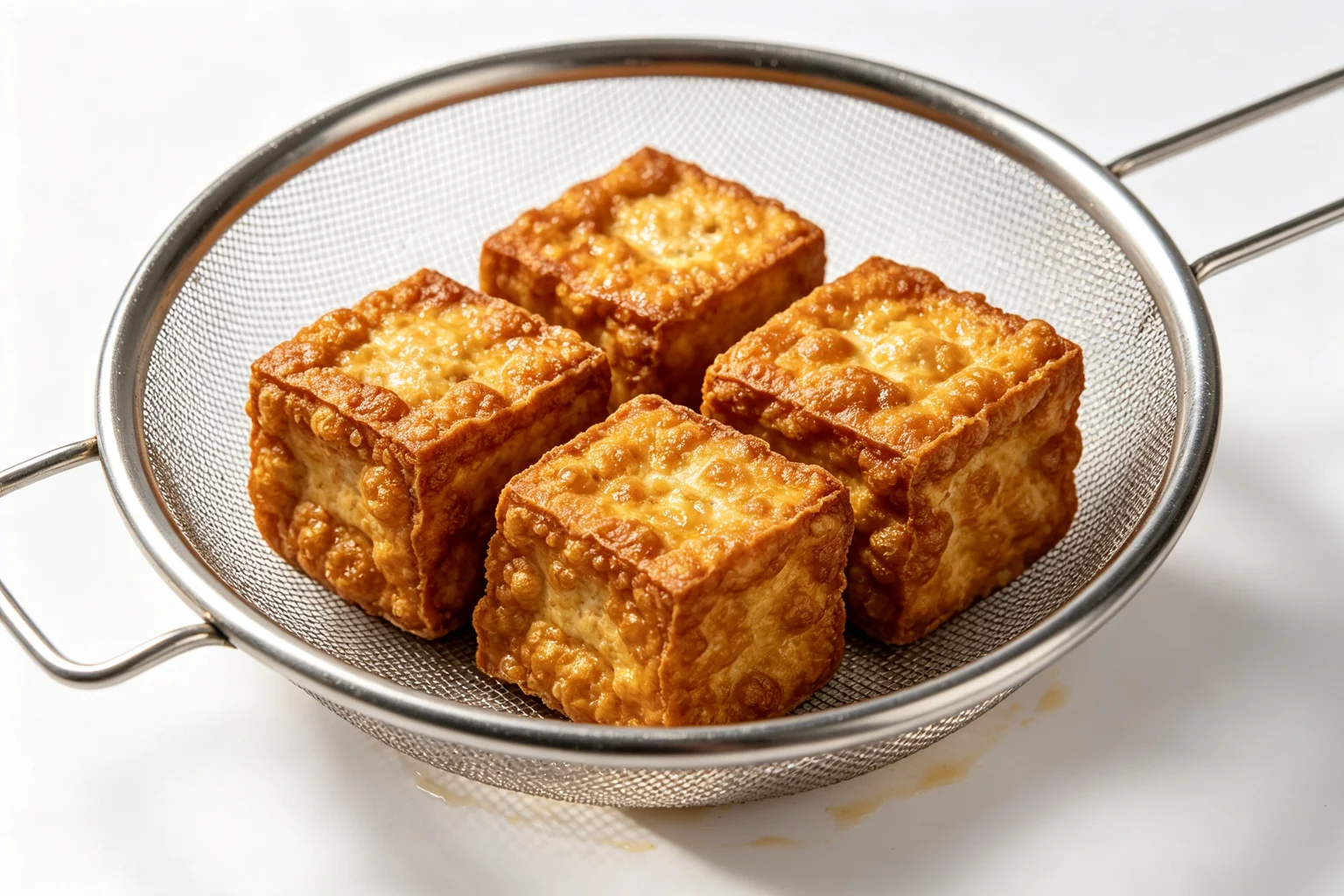 Just-fried stinky tofu cubes with deeply golden blistered exterior resting on a stainless steel wire rack on white surface