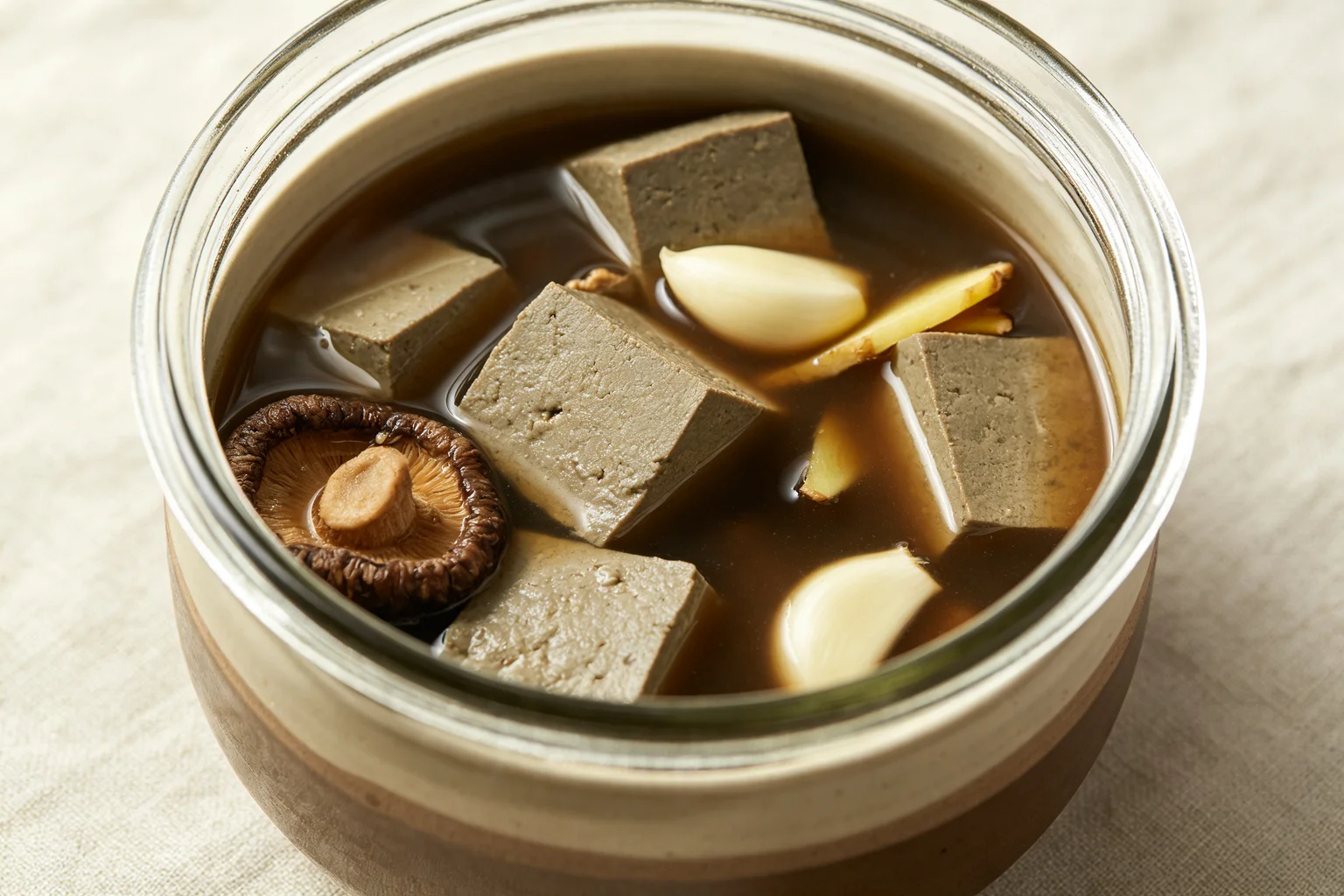 Firm tofu cubes submerged in dark murky fermentation brine with garlic ginger and dried shiitake in a wide glass jar on linen surface