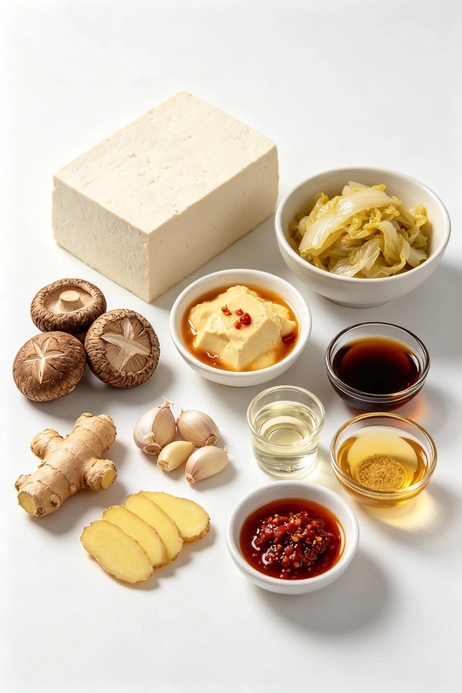 Stinky tofu ingredients flat lay showing firm tofu block, fermented bean curd, pickled cabbage, shiitake mushrooms, garlic, ginger, soy sauce, Shaoxing wine and chilli sauce on a white surface