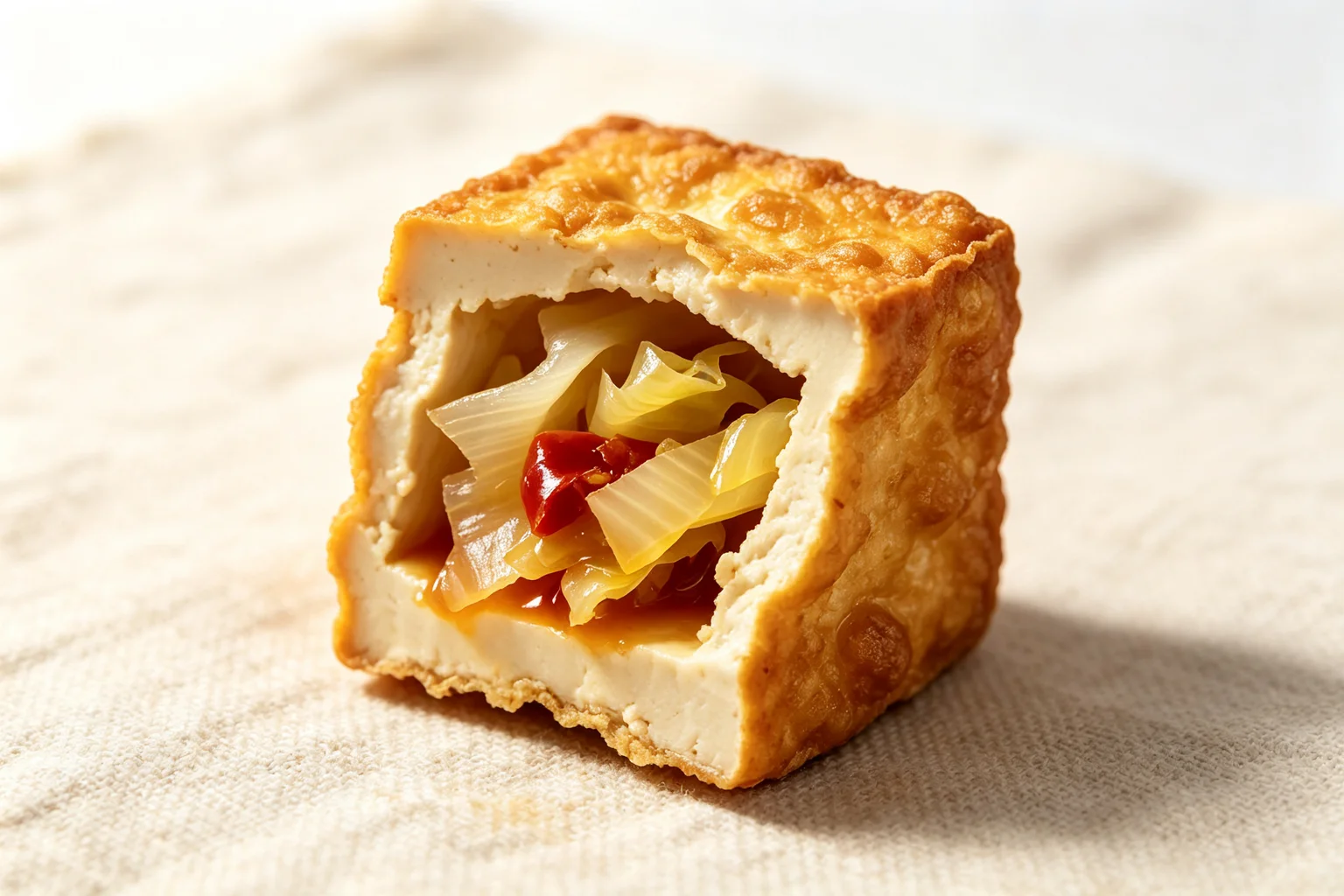 Single deep golden fried stinky tofu cube cut open showing hollow interior filled with Taiwanese pickled cabbage and red chilli sauce on linen surface