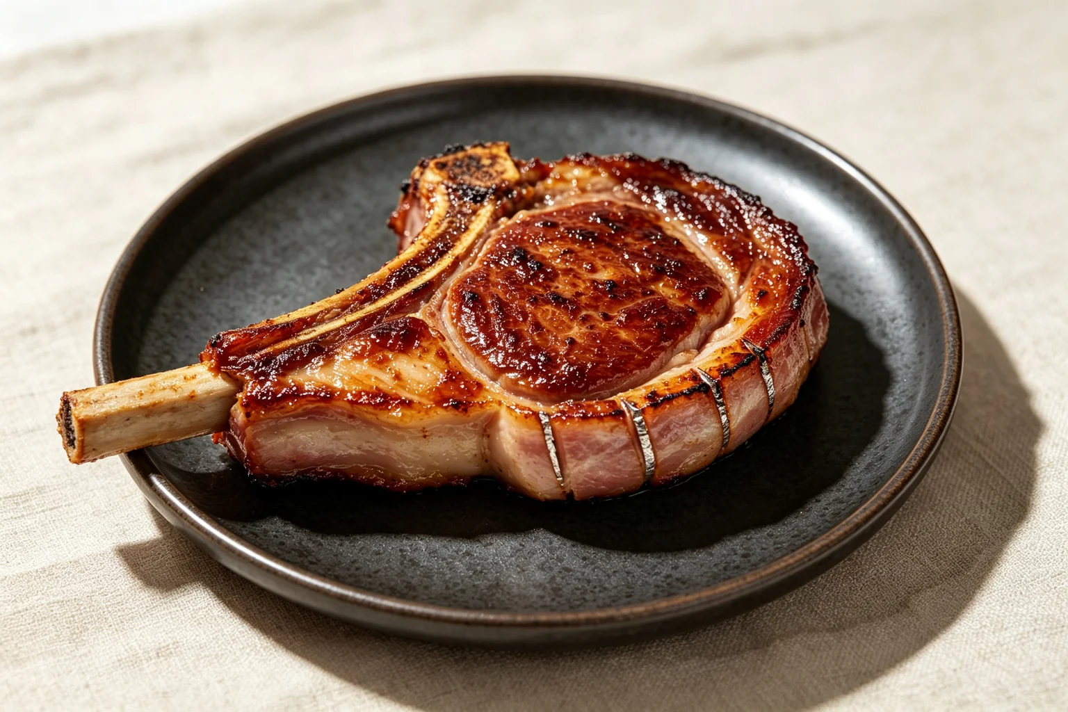 Close-up of Vietnamese lemongrass grilled pork chop showing deep mahogany caramelised char crust and scored edges on linen