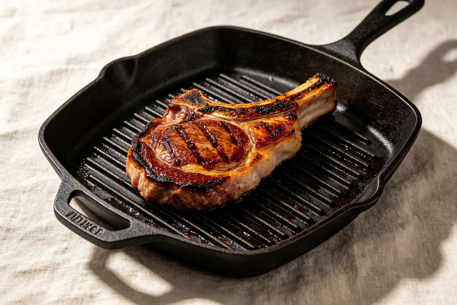 Bone-in lemongrass pork chop developing deep caramelised char in a black cast iron grill pan on linen
