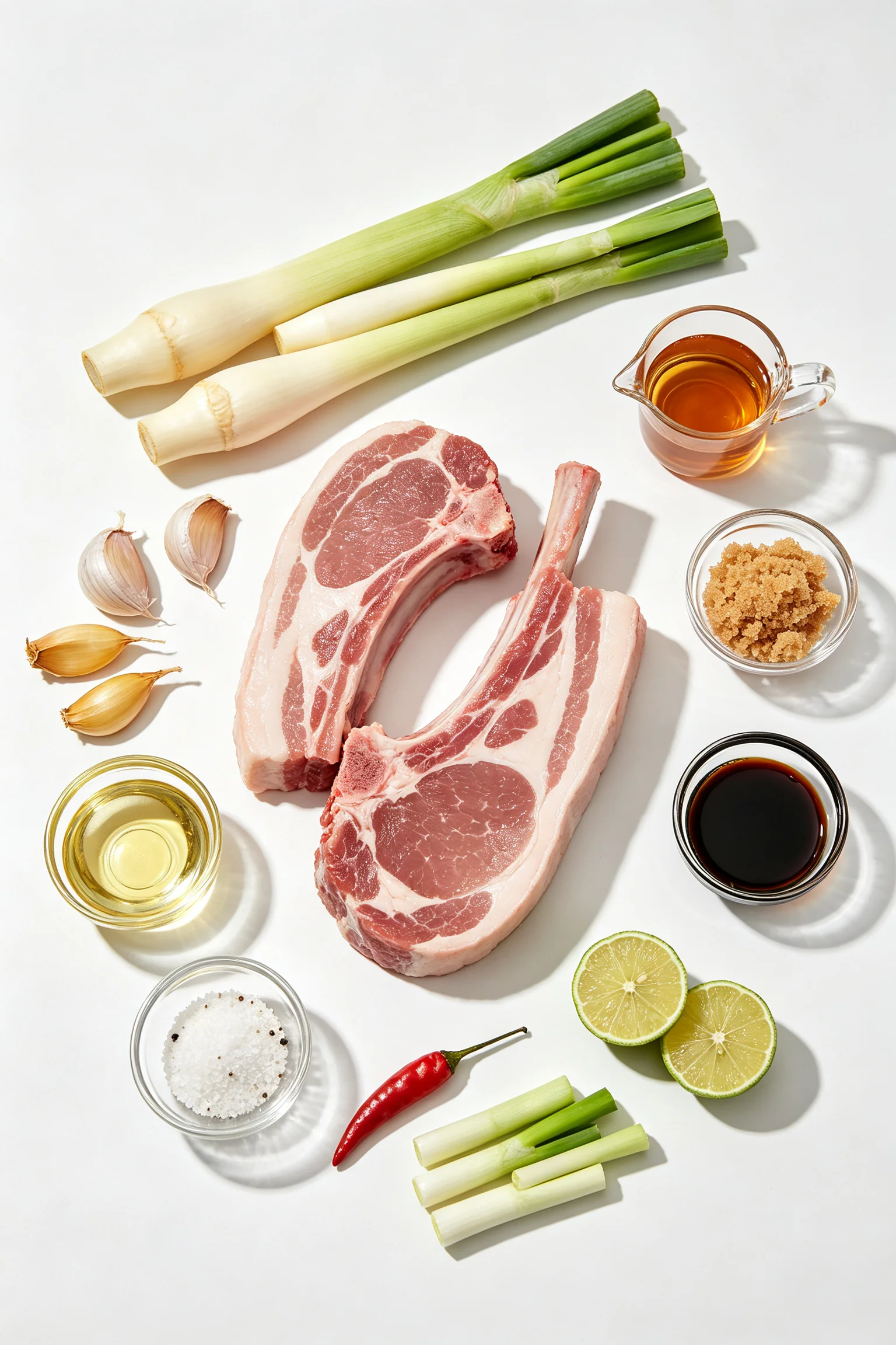 Vietnamese lemongrass pork chop ingredients flat lay showing raw blade pork chops, lemongrass, garlic, shallots, fish sauce, soy sauce, brown sugar, sesame oil, limes and spring onions on white surface