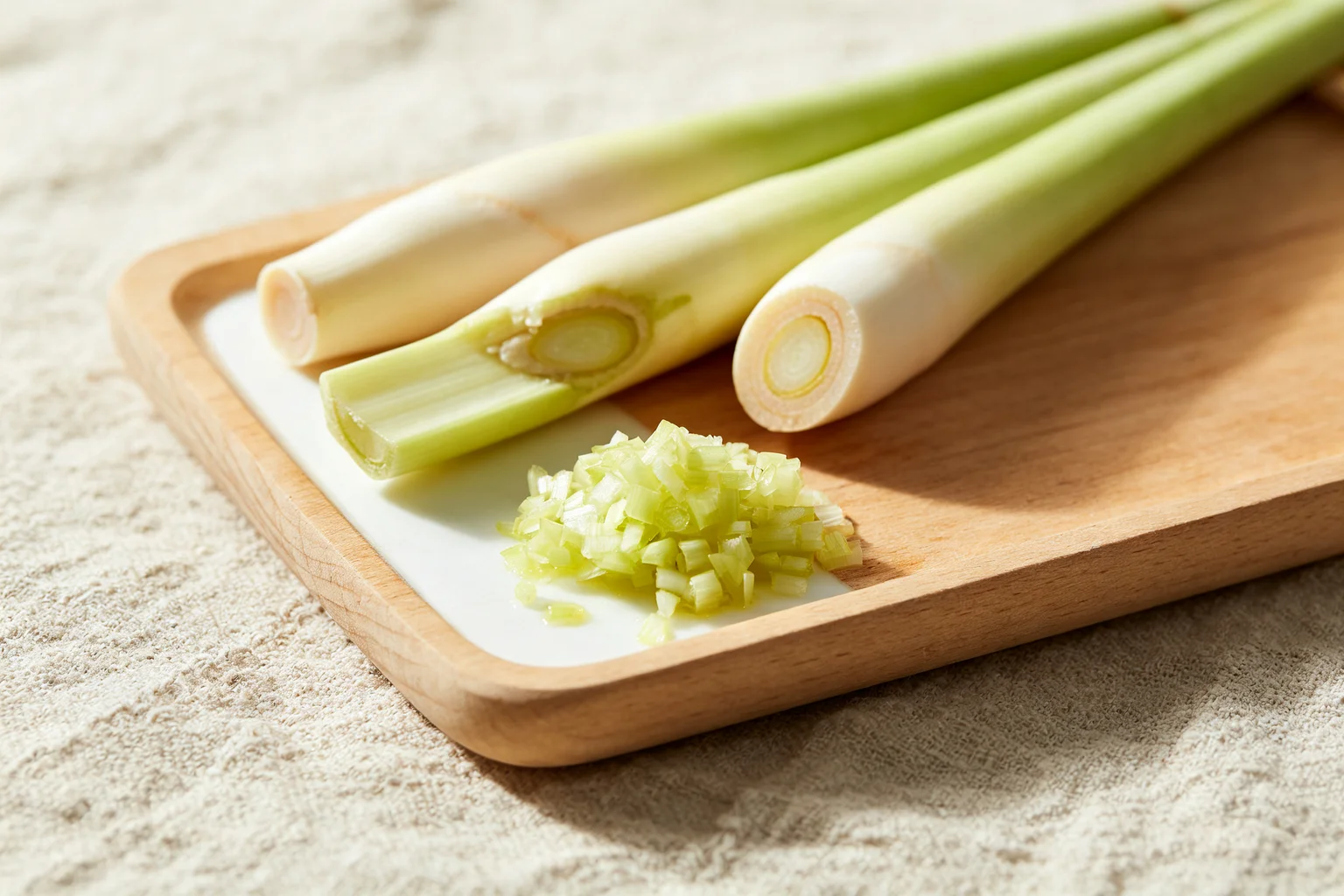 Lemongrass stalks with one bruised flat and one finely minced showing the bruise-then-mince technique on a wooden board on linen