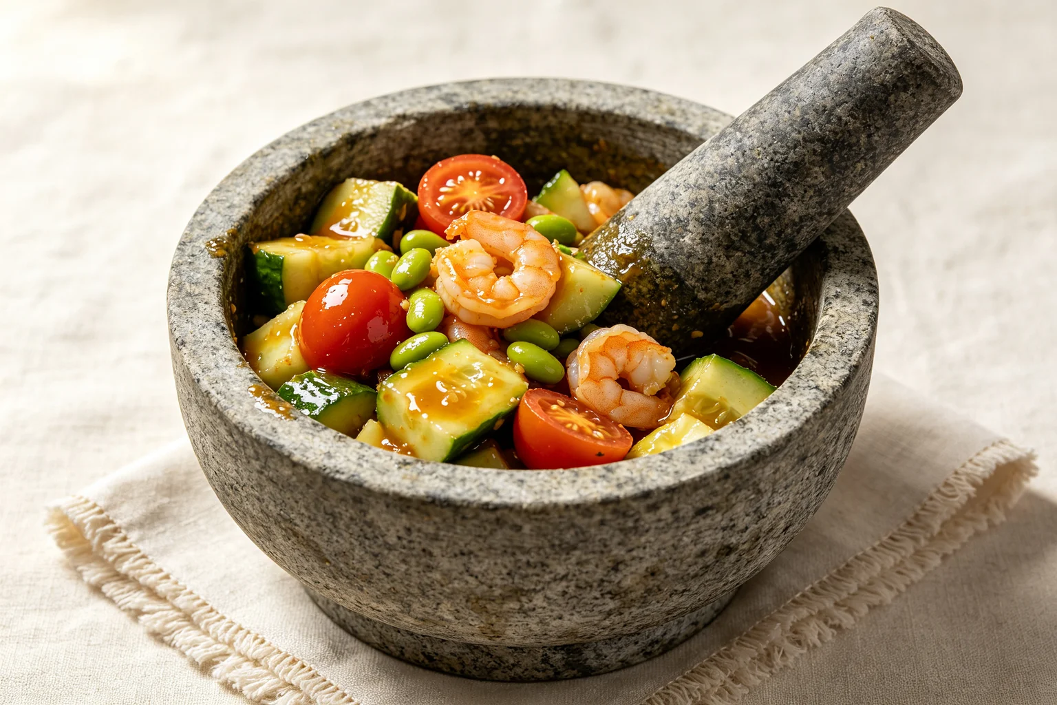  Assembled tam taeng in stone mortar showing bruised cucumber, cherry tomatoes, green beans and shrimp coated in glossy dressing on linen