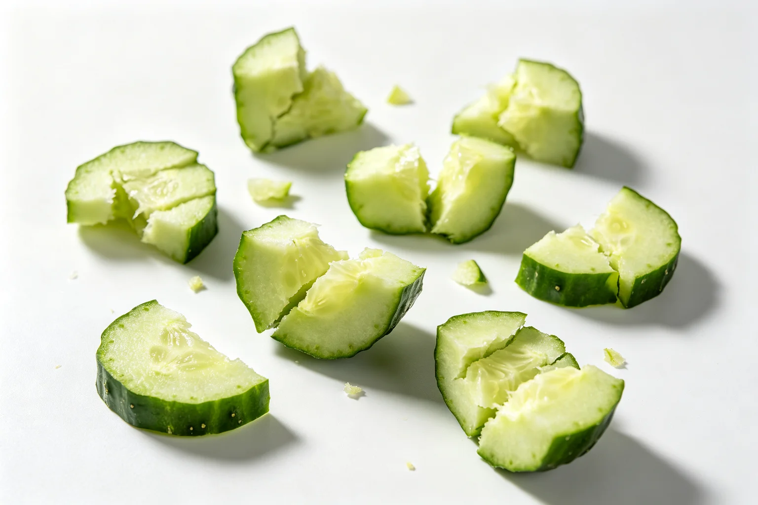 Bruised cucumber pieces showing irregular jagged split surfaces after pounding technique on white surface