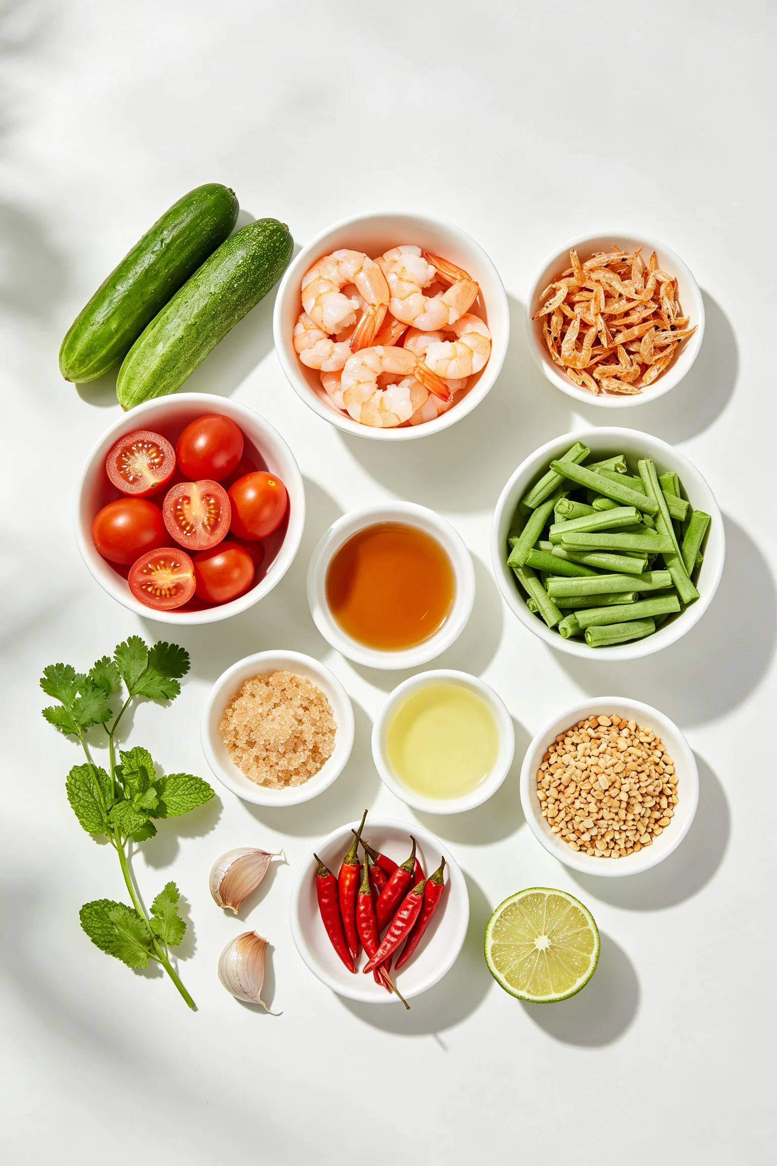 Flat lay of tam taeng ingredients including cucumbers, shrimp, cherry tomatoes, fish sauce, lime, palm sugar, peanuts and Thai chillies on white surface